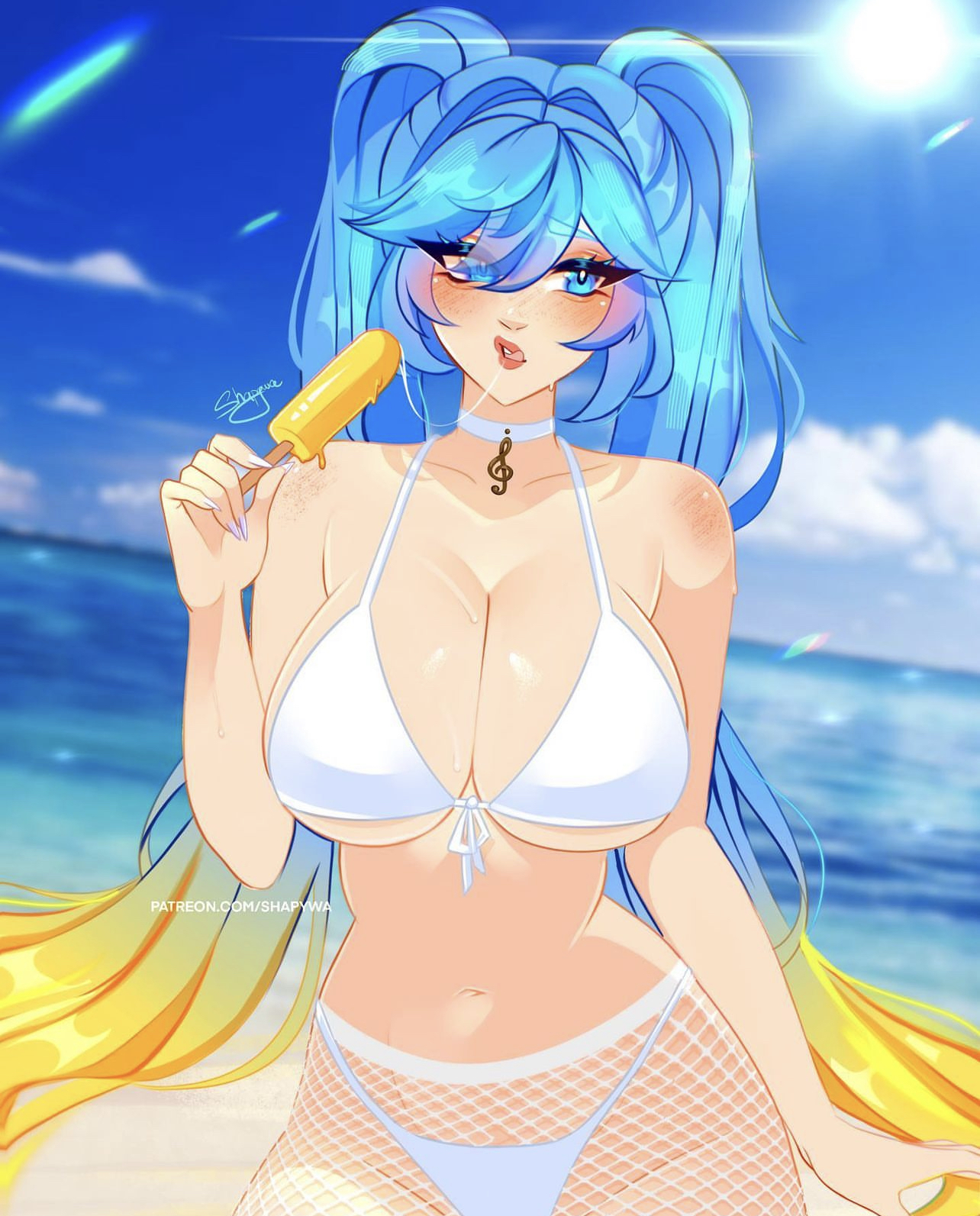 artist signature, big breasts, bikini, blue eyes, breasts, chocker, female, fishnet legwear, fishnets, league of legends, multicolored hair, pool party series, popsicle, shapywa, sona buvelle, swimsuit, watermark