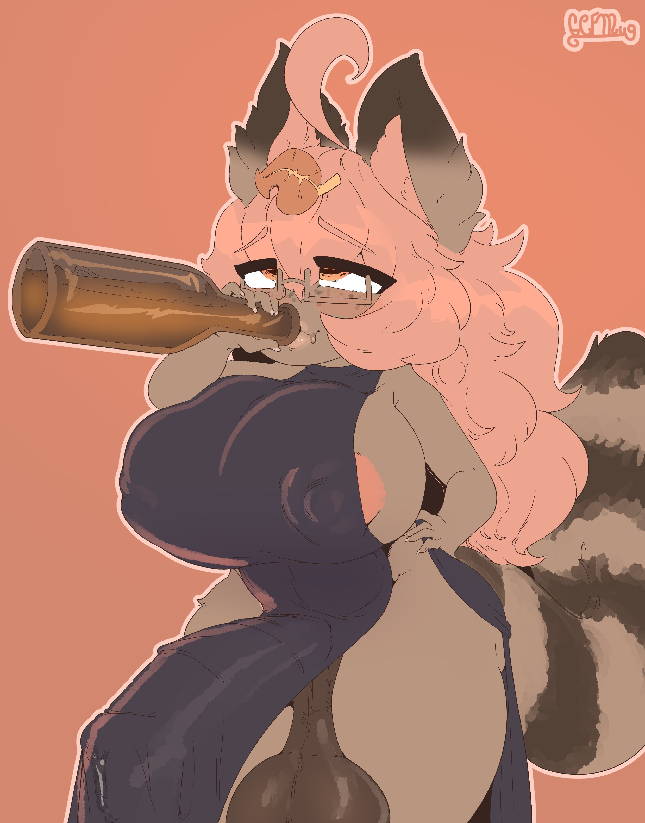 1futa, ahoge, animal ears, areola slip, areolae, balls, beer, big balls, big penis, bottle, breasts, clothed, clothing, dark skin, dark-skinned futa, dress, drinking, erection, erection under clothes, female, futa only, futanari, gcfmug, glasses, humanoid, humanoid penis, ineffective clothing, intersex, kemonomimi, mostly clothed, nipples, original character, pelvic curtain, penis, pink hair, precum, precum through clothing, raccoon girl, raccoon tail, rolling eyes, sagging balls, solo, standing, tail, tenting, thick thighs, wide hips
