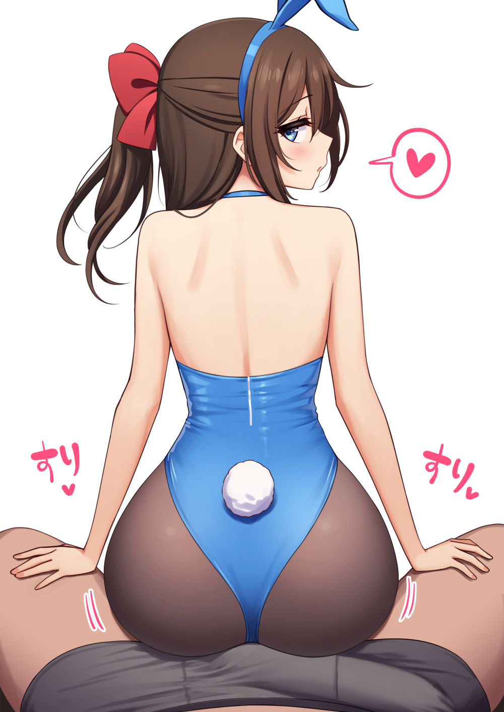 1boy 1girls animal_ears ass ass_focus back backless_leotard bare_arms bare_shoulders before_sex blue_choker blue_eyes blue_hairband blue_leotard bow brown_hair brown_legwear bulge bunnysuit buttjob choker commentary cowgirl_position dark-skinned_male dark_skin dat_ass deadnoodles_(@deadnooodles) erection erection_under_clothes fake_animal_ears fake_tail female from_behind grinding hairband hairbow hands_on_another's_thigh heart highleg highleg_leotard highres leotard light-skinned_female light_skin long_hair looking_at_viewer looking_back love_live! love_live!_nijigasaki_high_school_idol_club male male_pov motion_lines ousaka_shizuku pantyhose parted_lips penis_bulge playboy_bunny pov rabbit_ears rabbit_tail reverse_cowgirl_position seductive seductive_look shoulder_blades sidelocks simple_background solo_focus spoken_heart straddling straight tail teasing white_background