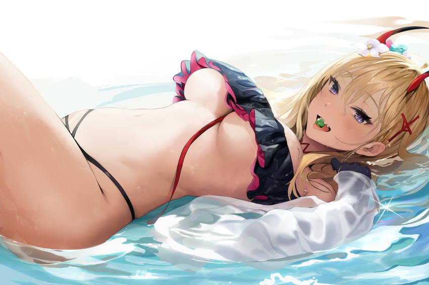 absurdres azur_lane bangs bare_shoulders bikini blonde_hair blush breasts cross_hair_ornament female flower hair_flower hair_ornament highres horns kumano_(azur_lane) kumano_(fancy_waves)_(azur_lane) large_breasts long_hair looking_at_viewer lying multicolored multicolored_bikini multicolored_clothes navel on_back oni_horns open_mouth purple_eyes sharp_teeth smile swimsuit teeth thighs tongue tongue_out uthy water wet