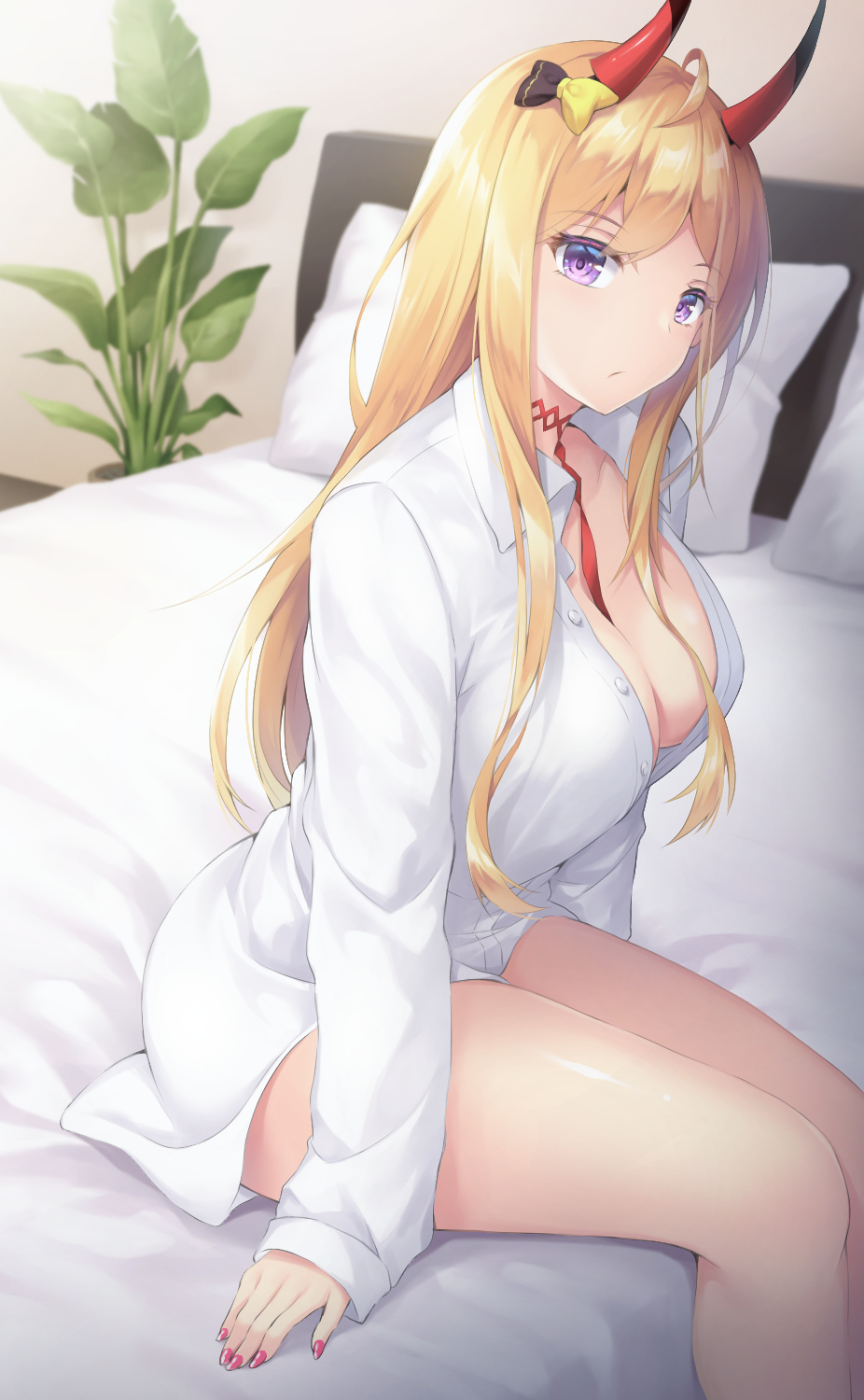 ahoge azur_lane bangs bare_legs bed blonde_hair bow breasts cleavage closed_mouth eyebrows_visible_through_hair female hairbow highres horns indoors kumano_(azur_lane) kyousaki_nao long_sleeves medium_breasts nail_polish on_bed oni_horns pillow plant purple_eyes red_nails red_neckwear shirt sitting sitting_on_bed solo white_shirt