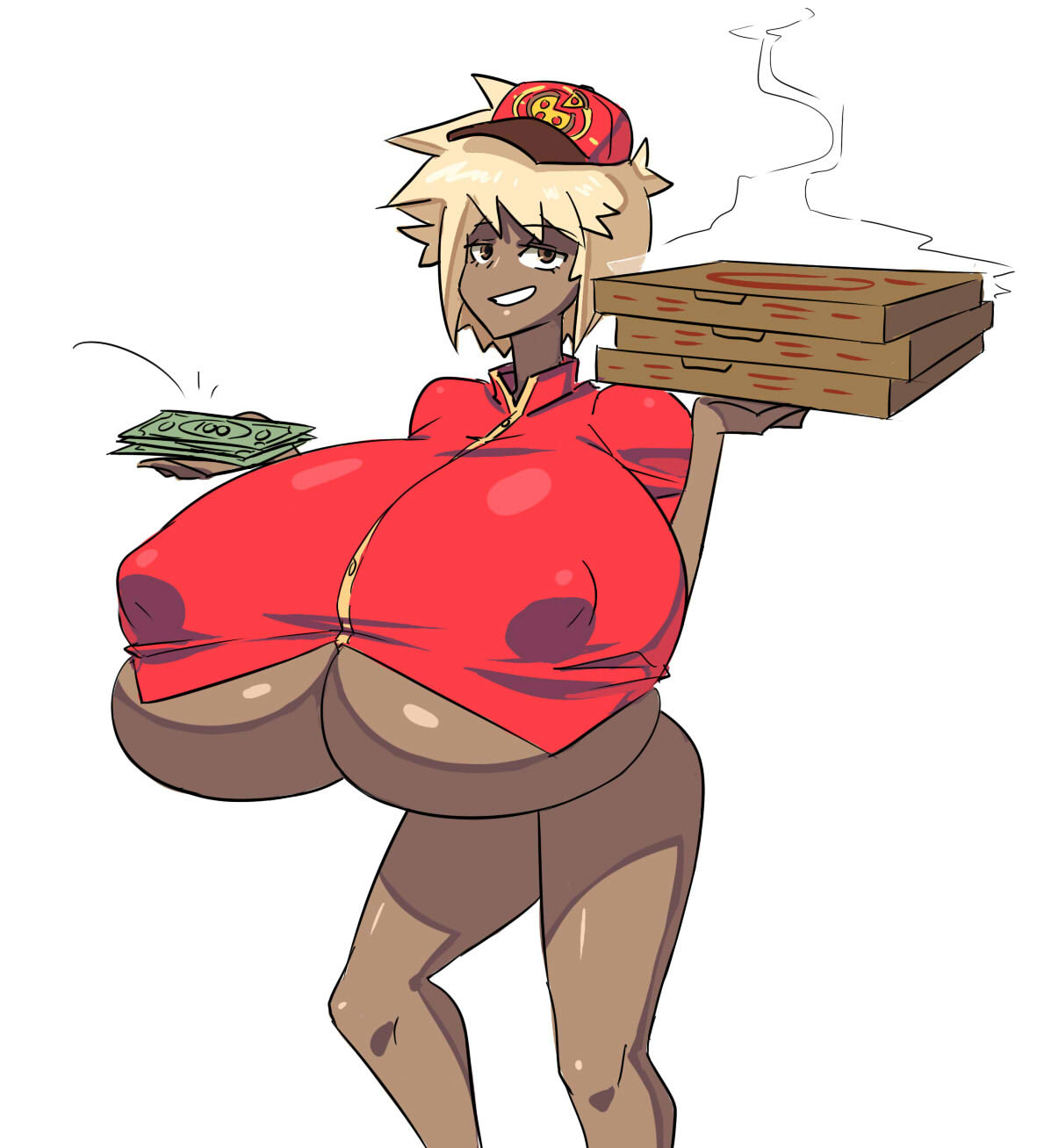 1girls bare_legs big_breasts blonde_hair bottomless breast_expansion breasts dark-skinned_female dark_skin huge_breasts massive_breasts matsu-sensei nipple_bulge overflowing_breasts pizza_delivery short_hair solo solo_female tip top_heavy underboob