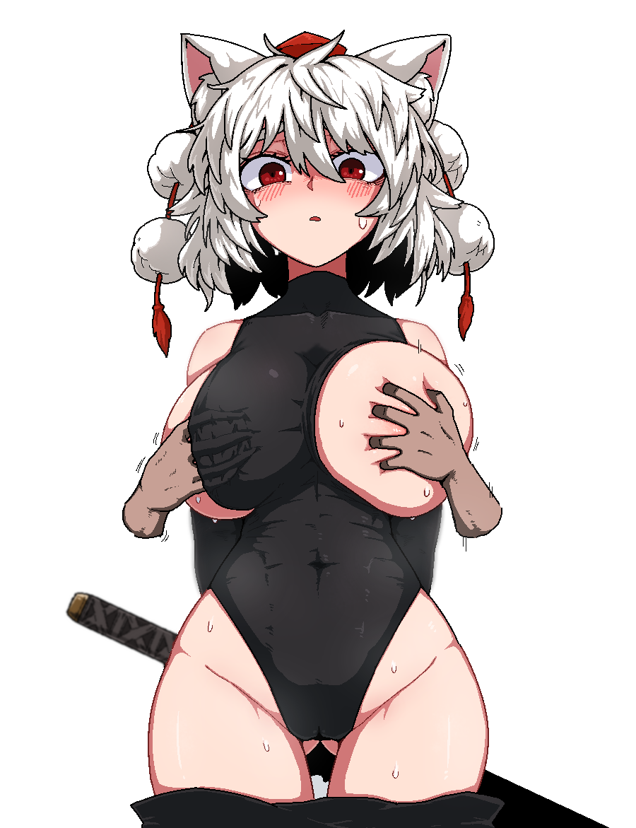 1girls big_breasts breast_grab breasts cameltoe curvy curvy_female curvy_figure disembodied_hand female female_focus formicid groping groping_breasts groping_from_behind katana medium_hair momiji_inubashiri one_breast_out red_eyes short_hair sweat sword tengu touhou white_background white_hair wolf wolf_ears wolf_girl youkai