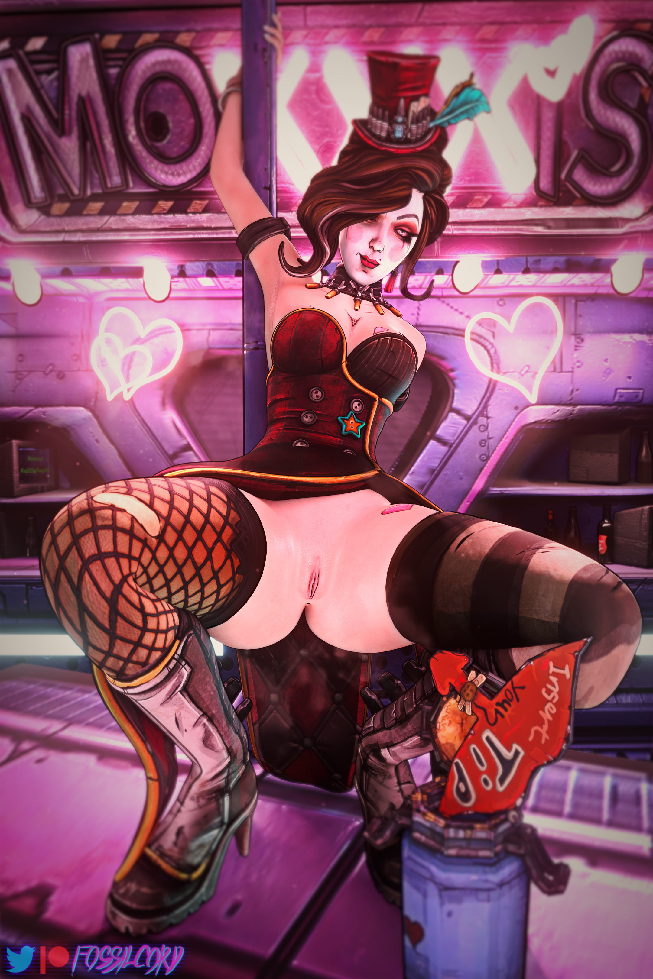 1girls, 3d, alternate version available, anus, ass, bar, beauty mark, blue eyes, borderlands, borderlands 3, breasts, brown hair, choker, cleavage, eyeshadow, facepaint, female, female only, fossilcord, hair over one eye, hat, heart tattoo, heel boots, large breasts, lipstick, looking at viewer, mad moxxi, no panties, pole, presenting pussy, pussy, solo, solo female, spread legs, stockings, tattoo, thick thighs, thighhighs, tip jar