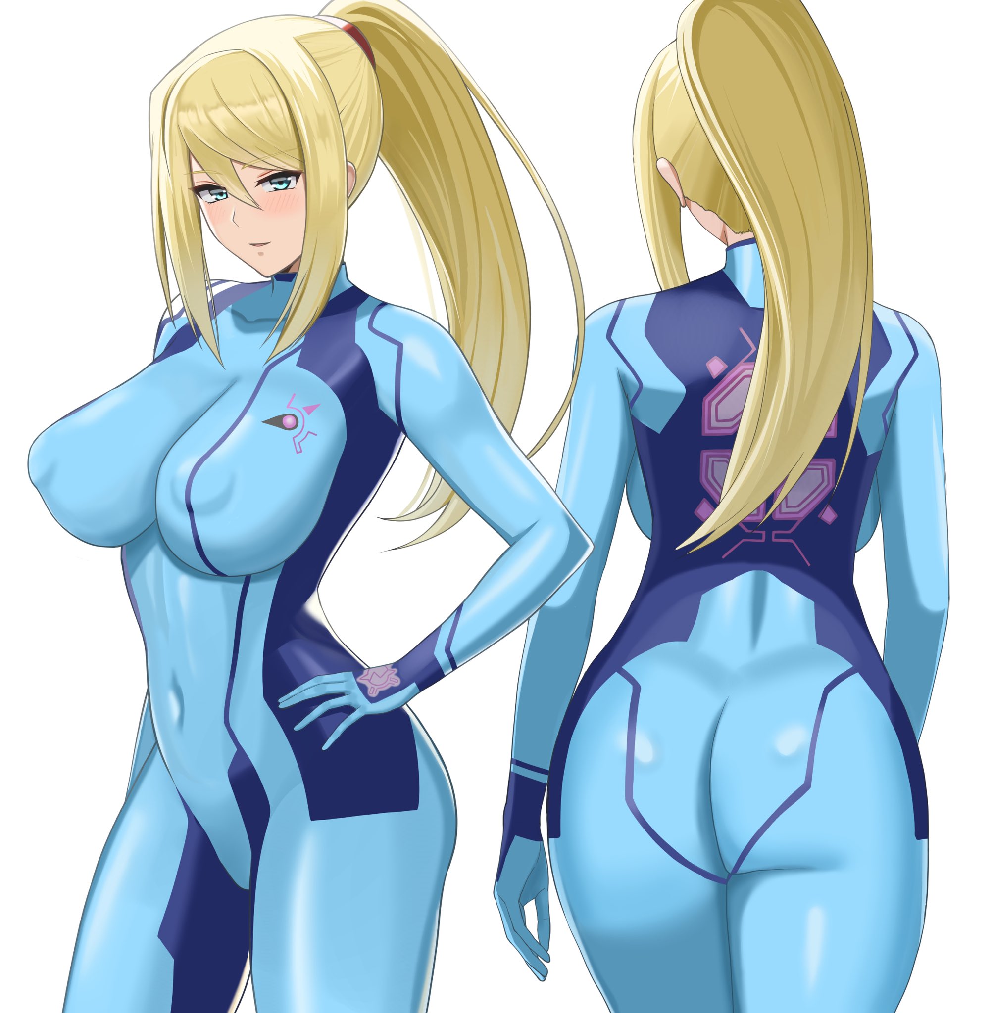 1girls, ass, big breasts, blonde hair, blue eyes, bodysuit, breasts, female, hand on hip, higohushi, looking at viewer, medium hair, metroid, nintendo, nipples visible through clothing, open mouth, ponytail, samus aran, skin tight, solo, white background, white skin, zero suit, zero suit samus