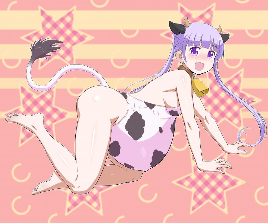 1girls all_fours blush cow_ears cow_girl cow_horns cow_print cow_tail cowbell female female_only new_game! open_mouth pregnant purple_eyes purple_hair ready_to_pop sideboob solo suzukaze_aoba tenseiani thighs twintails