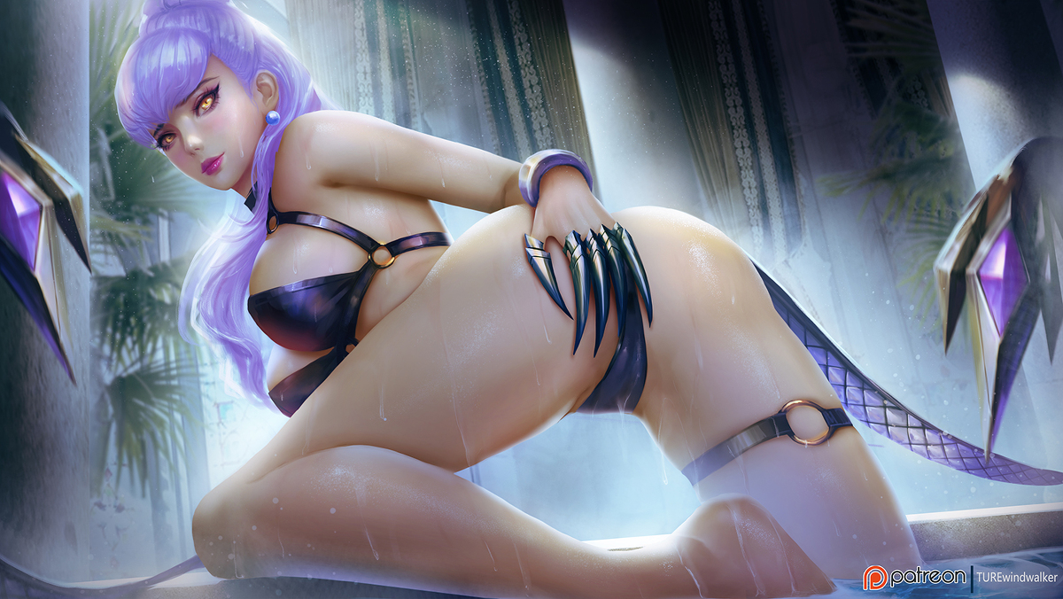ass, ass grab, blush, breasts, cameltoe, earrings, evelynn, female, k/da all out evelynn, k/da all out series, league of legends, lipstick, looking at viewer, looking back, piercing, pool, purple hair, pussy, riot games, swimsuit, tagme, thigh strap, wet, windwalker, yellow eyes