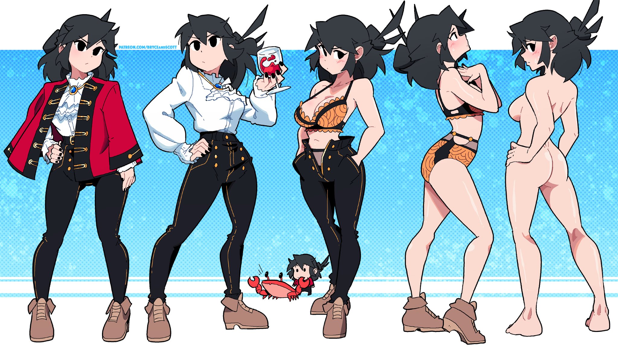 1girls, ass, back view, barefoot, black eyes, black hair, black pants, blush, boots, breasts, clothed/nude, crab, embarrassed, embarrassed naked female, embarrassed nude female, enf, feet, female, hands in pockets, looking at viewer, lucia (scott malin), multiple poses, naked, nude, oc, orange panties, orange underwear, original, original character, panties, picot trim, picot trim bra, ponytail, pouting, red vest, scott malin, sideboob, stripping, the panty bear, underwear, white shirt, wine glass
