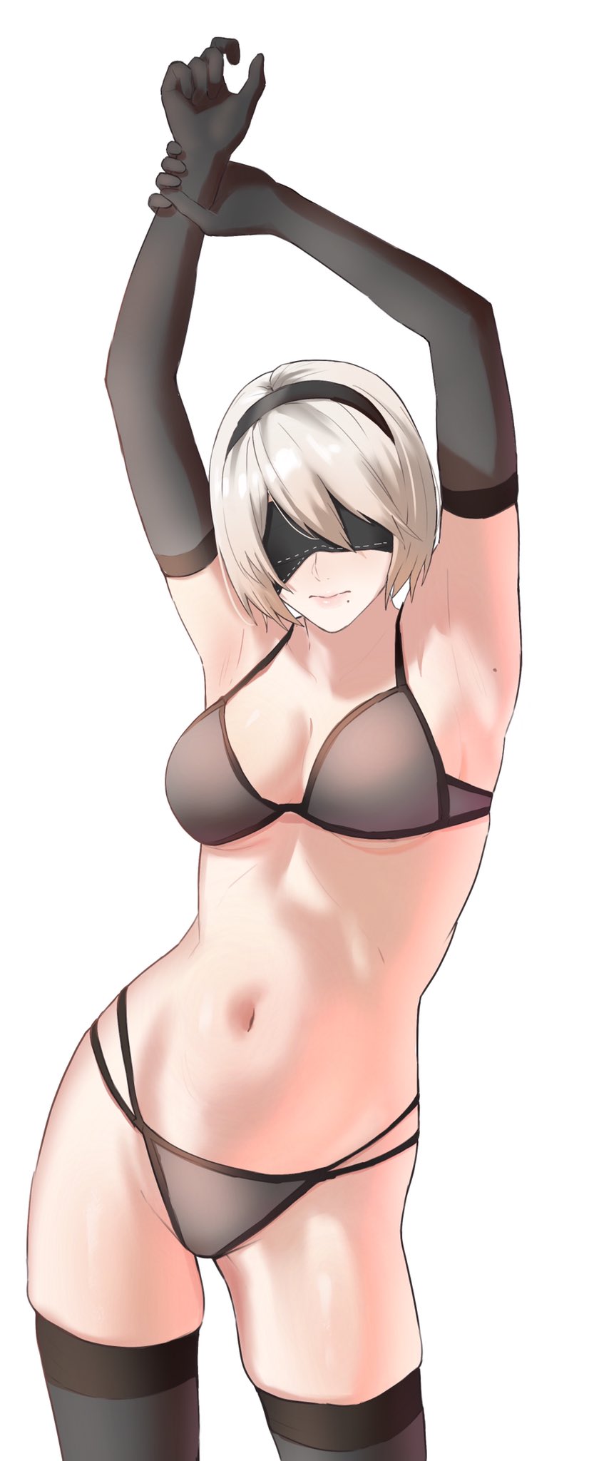 armpits, blindfold, bra, breasts, female, female focus, female only, hairband, ichinose (ichinose1592), nier (series), nier: automata, solo female, thighhighs, thighs, white hair, yorha 2b