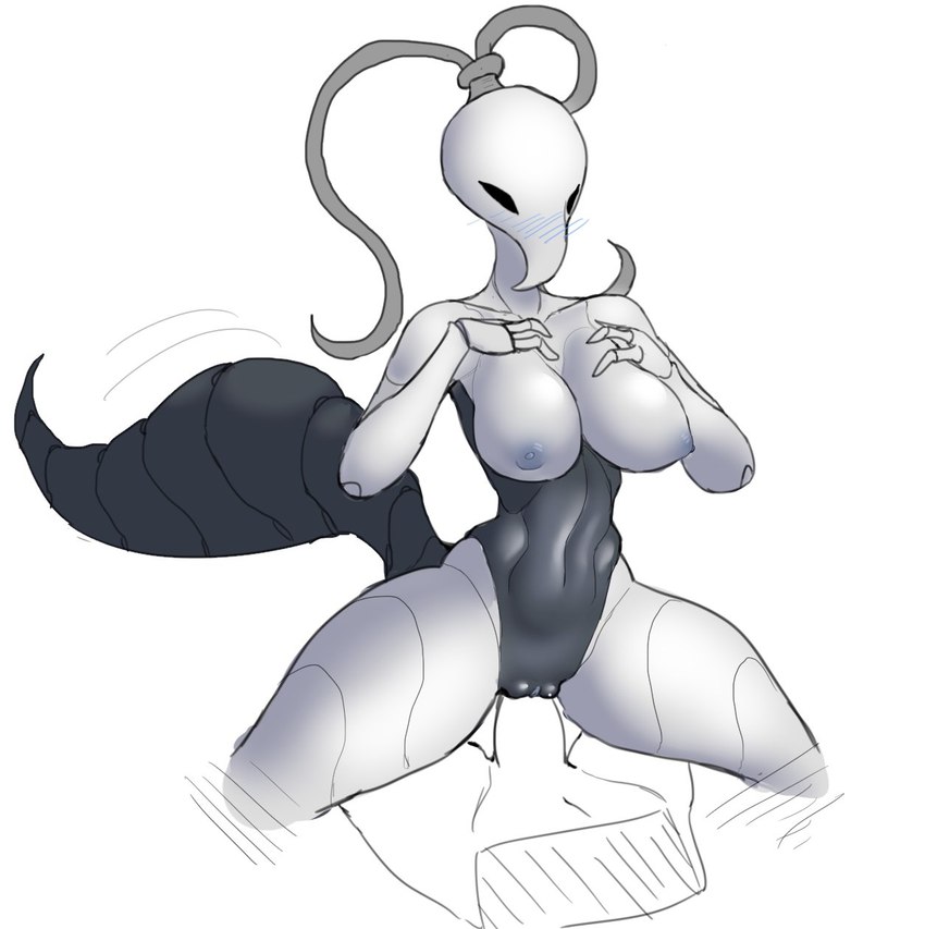 1boy, 1girls, artlegionary, blush, cowgirl position, eyebrowless, female, hollow knight, insect, iselda (hollow knight), male, no source, pussy, solid eyes, straight, tagme, vagina, vaginal penetration