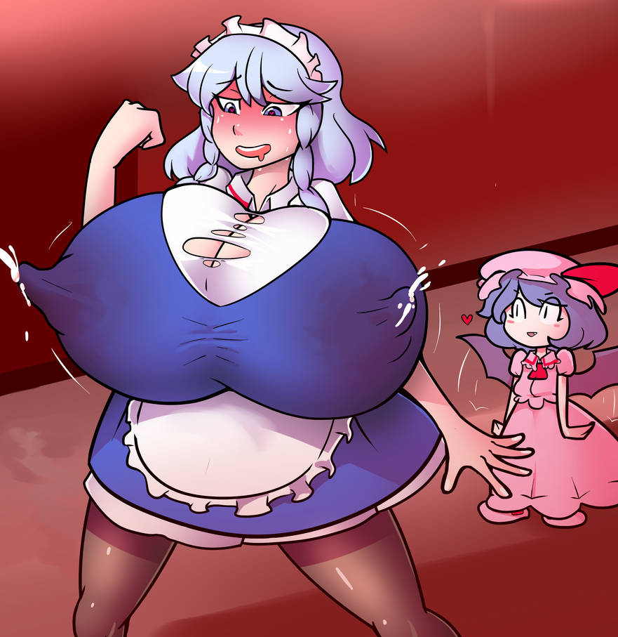 2girls, breast expansion, breast growth, breast growth (enlargement), breasts, female, female only, huge breasts, lactation, remilia scarlet, royaloppai, sakuya izayoi, torn clothes, touhou, wardrobe malfunction
