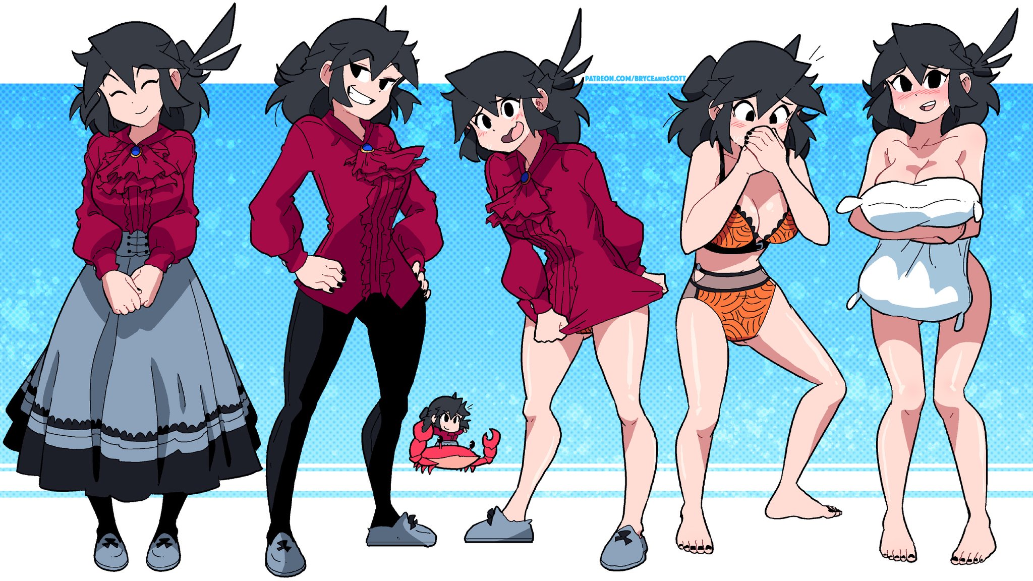 1girls, barefoot, black eyes, black hair, blush, breasts, cleavage, crab, dress, embarrassed, embarrassed naked female, embarrassed nude female, enf, feet, female, hiding pussy, looking at viewer, lucia (scott malin), multiple poses, naked, nude, oc, orange panties, orange underwear, original, original character, panties, picot trim, picot trim bra, ponytail, pussy, red shirt, scott malin, shy, standing, stockings, stripping, the panty bear, underwear