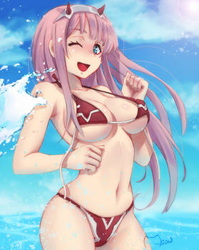 1girls beach bikini blush breasts darling_in_the_franxx female female_only green_eyes happy happy_female long_hair looking_at_viewer meowyin ocean pink_hair sea seaside sky solo thighs thin_female water waves wink zero_two_(darling_in_the_franxx)