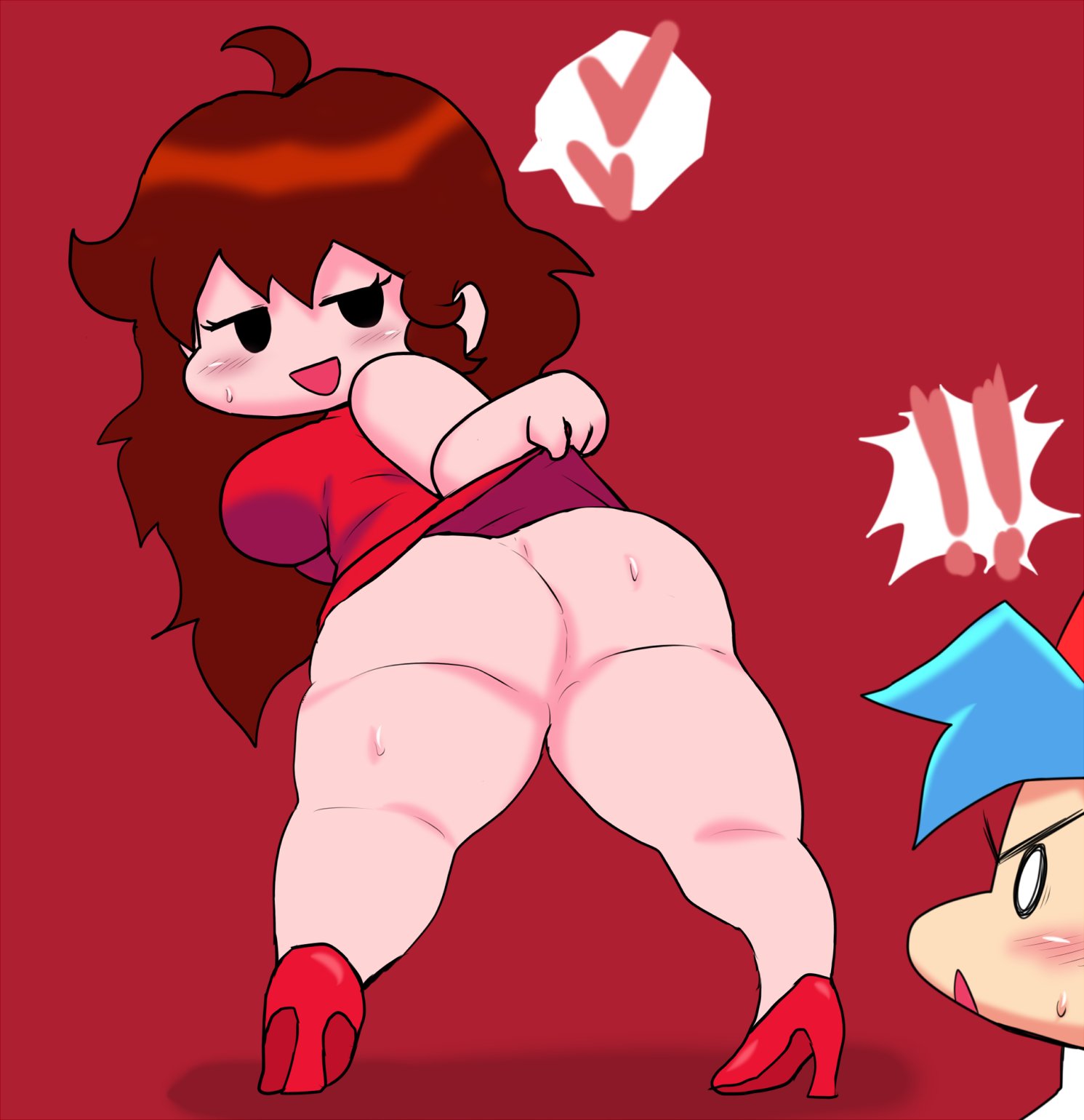 !!, 1boy, 1girls, ass, ass focus, big ass, big breasts, big butt, blush, bottom heavy, boyfriend (friday night funkin), breasts, brown hair, enigi09, fat ass, female, friday night funkin, girlfriend (friday night funkin), hair, heart, long hair, male, no panties, open mouth, presenting, presenting hindquarters, red clothing, red dress, red high heels, redhead, seductive, shortstack, skirt lift, thick thighs
