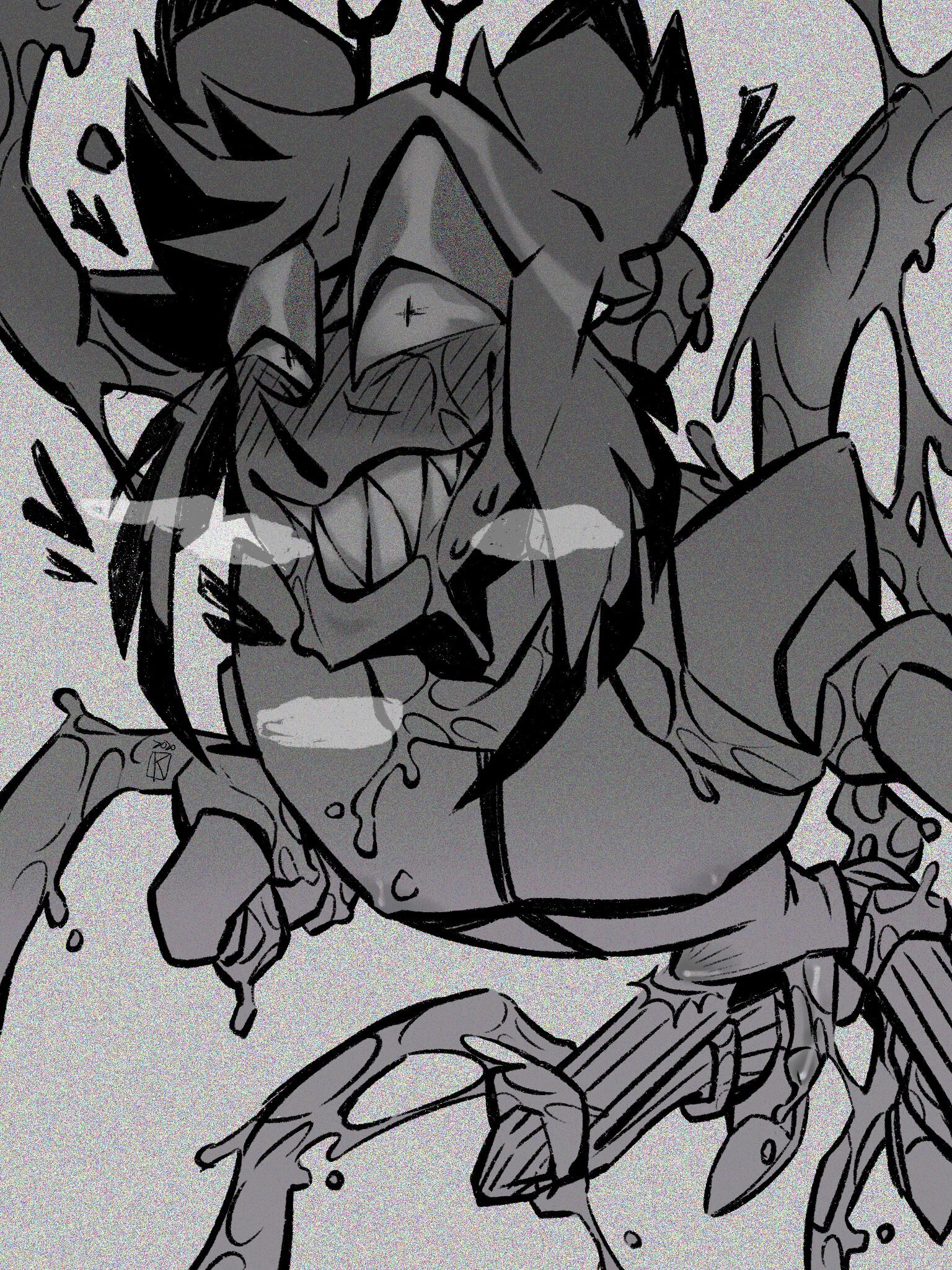 1boy, alastor (hazbin hotel), anal, anal sex, antlers, blush, bodily fluids, bulge, bulge through clothing, clenched teeth, cock, deer, demon, devilk, erect penis, erection, fluids, gay, gritted teeth, hazbin hotel, looking pleasured, male, male only, monochrome, orgasm, penis, saliva, sharp teeth, smile, smiling, smooth skin, solo, solo focus, solo male, stomach bulge, suspended, tentacle, tentacle on male, tentacle sex, thighs, wet, yaoi