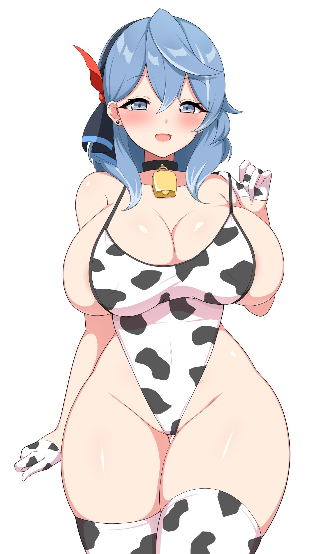 aikome (haikome), ako (blue archive), big breasts, blue archive, blue eyes, blue hair, blush, breasts, cleavage, cow print, cowbell, female, gehenna academy student, gloves, haikome, hair between eyes, hairband, hourglass figure, light blue eyes, light blue hair, looking at viewer, open smile, prefect team (blue archive), shoulder length hair, sideboob, stockings, thighhighs