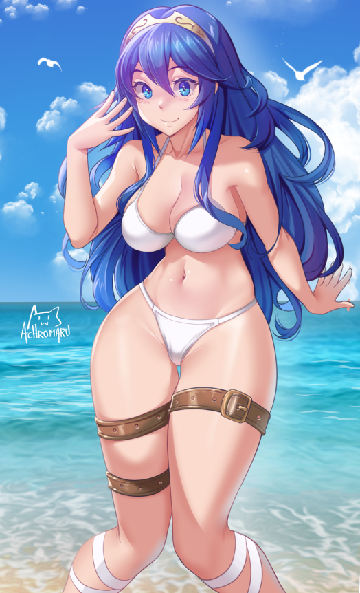 1girls, achromaru, alternate costume, beach, bikini, blue eyes, blue hair, breasts, cleavage, female, fire emblem, fire emblem awakening, highres, long hair, looking at viewer, lucina (fire emblem), medium breasts, nintendo, ocean, outdoors, outside, smile, solo, source request, swimsuit, tiara, water, white bikini, white swimsuit