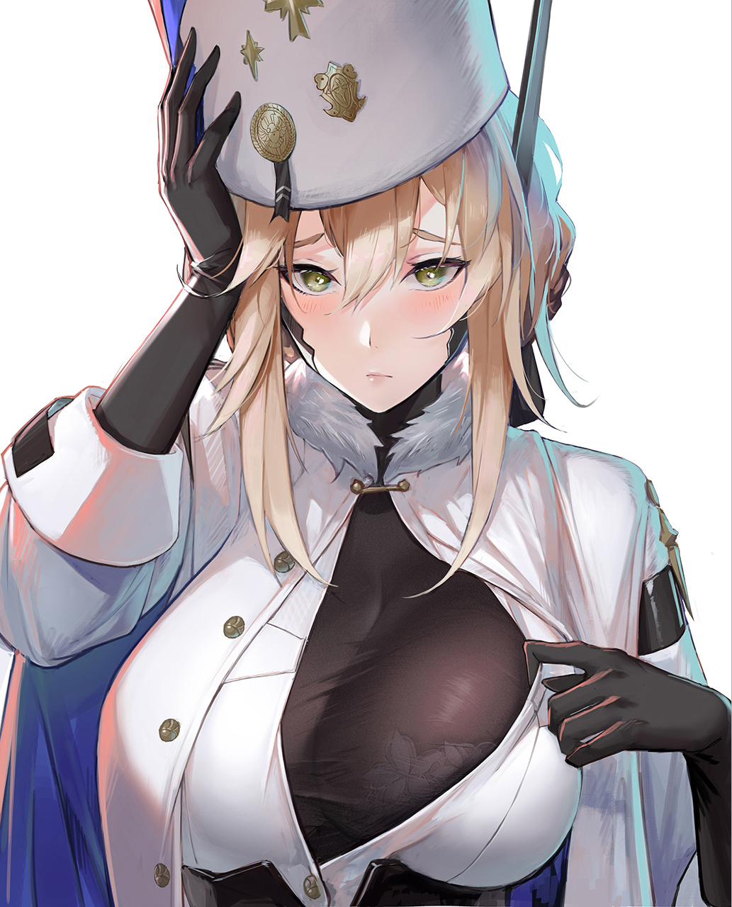 bianca (punishing: gray raven), big breasts, blonde hair, blush, blushing, bra visible through clothes, breasts, female, pandea work, punishing: gray raven