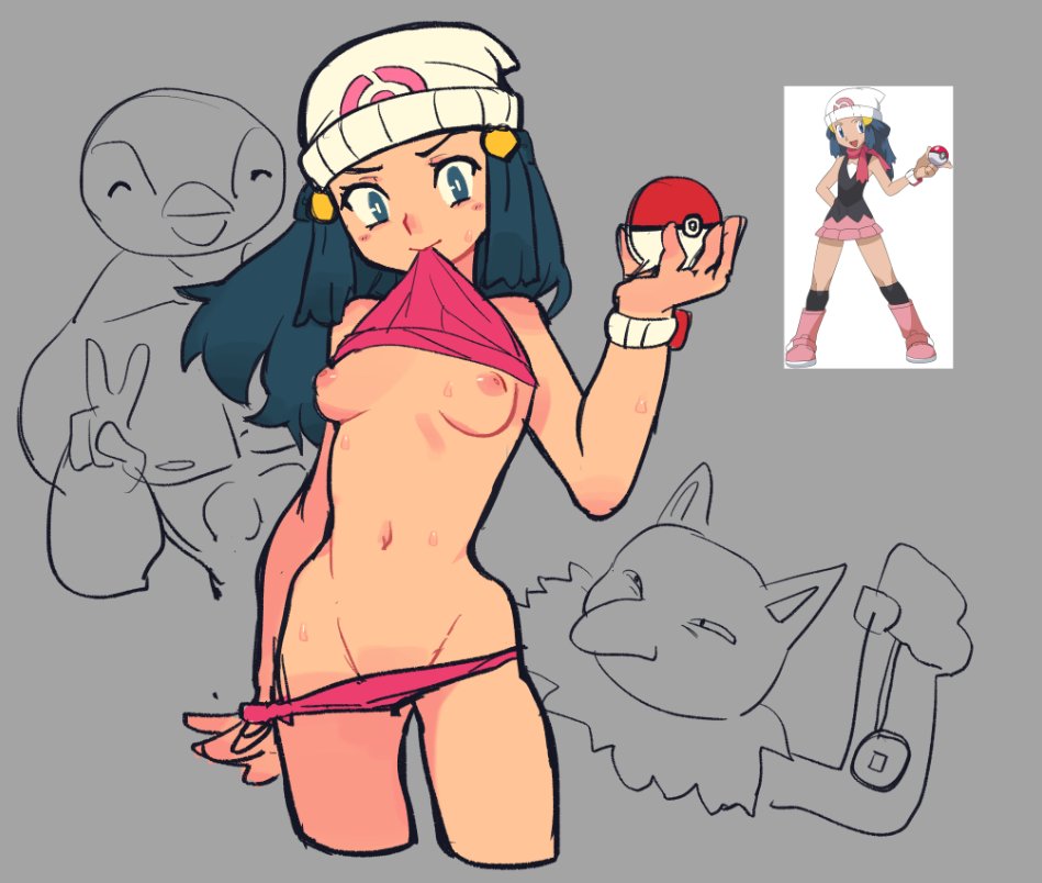 1girls, 2boys, beanie, belly button, blue eyes, blue hair, blush, breasts, dawn (pokemon), embarrassed, exposed breasts, female, grey background, hat, human, hypnosis, hypnotized, long hair, looking at viewer, male, nervous, nipples, panties, panty pull, pink panties, pink topwear, pokeball, pokemon, presenting, presenting breasts, shirt in mouth, shirt lift, simple background, sketch, slammo, small breasts, solo, sweat, thighs, thin waist, underwear, watch, wristwear