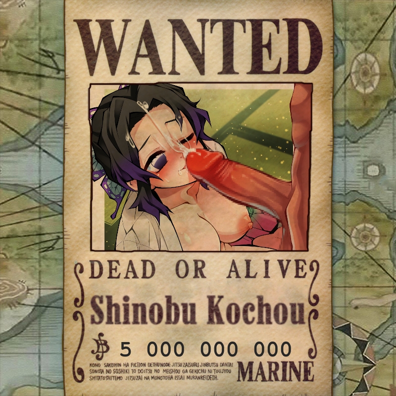 1boy, 1girls, big breasts, black hair, breasts, censored, cum, cum in nose, cum on face, cumshot, dark skin, dark-skinned male, demon slayer, english text, female, kimetsu no yaiba, kochou shinobu, male, one eye closed, one piece, penis, poco (artist), pointless censoring, purple eyes, purple hair, purple-haired female, straight, text, wanted poster