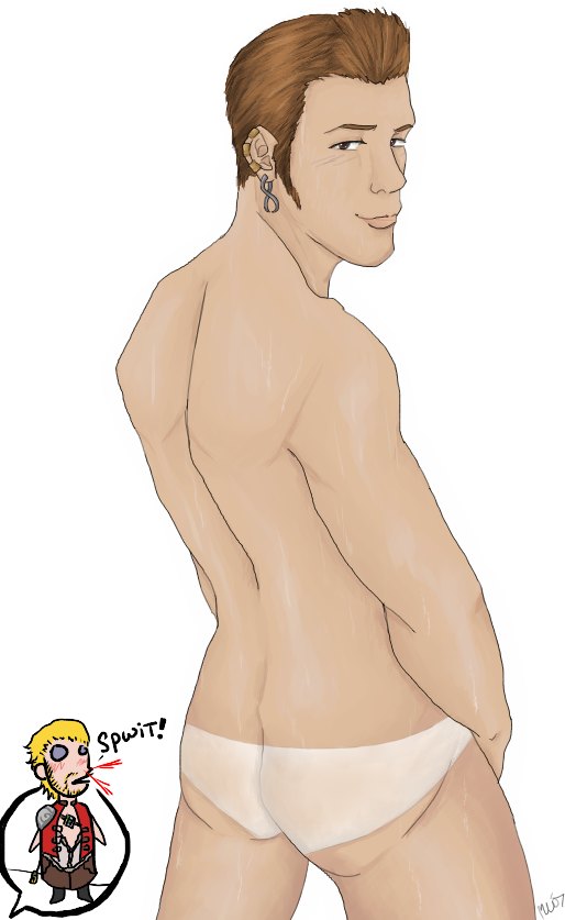 1boy artist_request ass balthier basch_fon_ronsenburg brown_eyes brown_hair earrings final_fantasy final_fantasy_xii gay jewelry male male_only nosebleed nude solo tanline