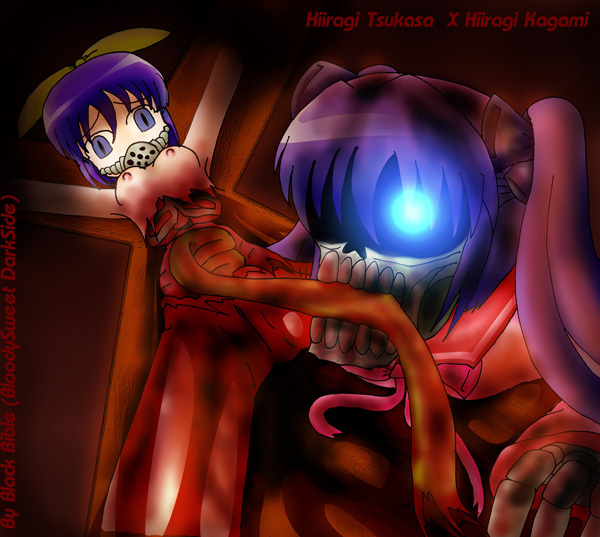 avulsion beige_skin blue_eyes breasts color disembowelment exposed_breasts eyes female gag glowing_eyes gore hair human injury intestines kagami_hiiragi lucky_star open_eyes purple_hair skin tsukasa_hiiragi vulva wound