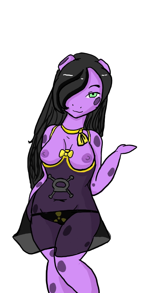 anthro black_hair breasts clothes color female female_only front_view green_eyes hair koffing long_hair nintendo nipples pokemon purple_skin solo tagme