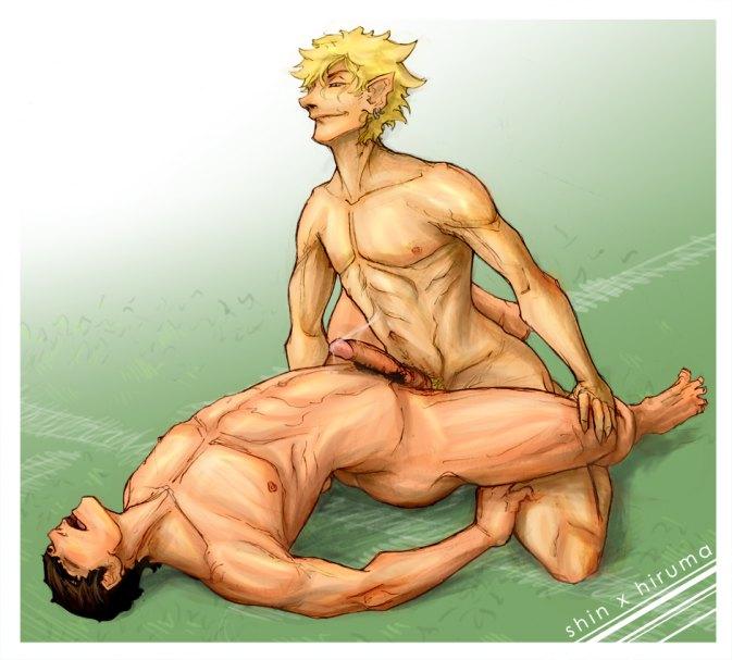 2boys anal eyeshield_21 gay human male male_only multiple_boys nude on_back penis pointy_ears receiving_on_back seijuro_shin sex shin_seijuro tagme yaoi yoichi_hiruma