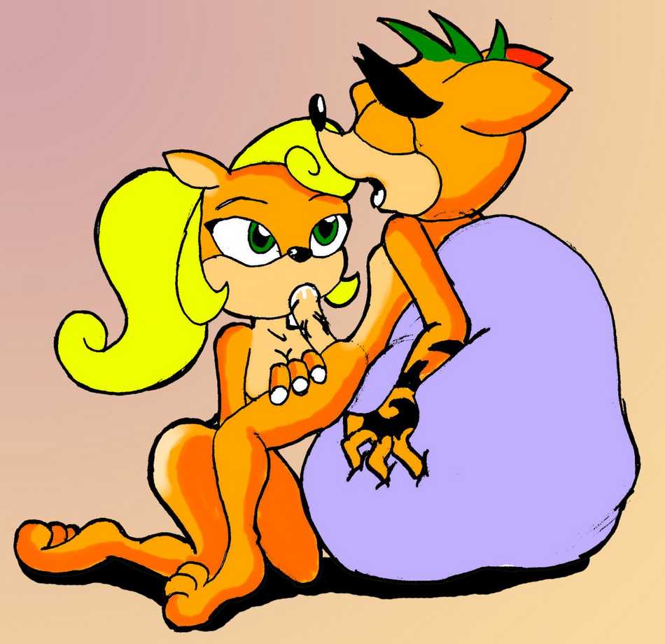 anthro bandicoot beanbag breasts brother_and_sister cleavage coco_bandicoot color crash_(series) crash_bandicoot cum cum_in_mouth fellatio female fur furry green_hair incest male mammal marsupial oral penis straight tattoo tattooed_arm