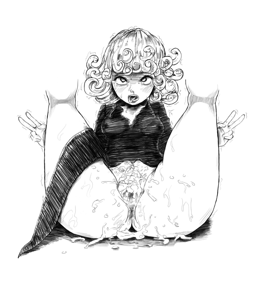 1girls, after sex, ahe gao, crying, cum, cum on thighs, double v, female, female only, fucked silly, gesture, monochrome, one-punch man, solo, tatsumaki, thegoldensmurf, v