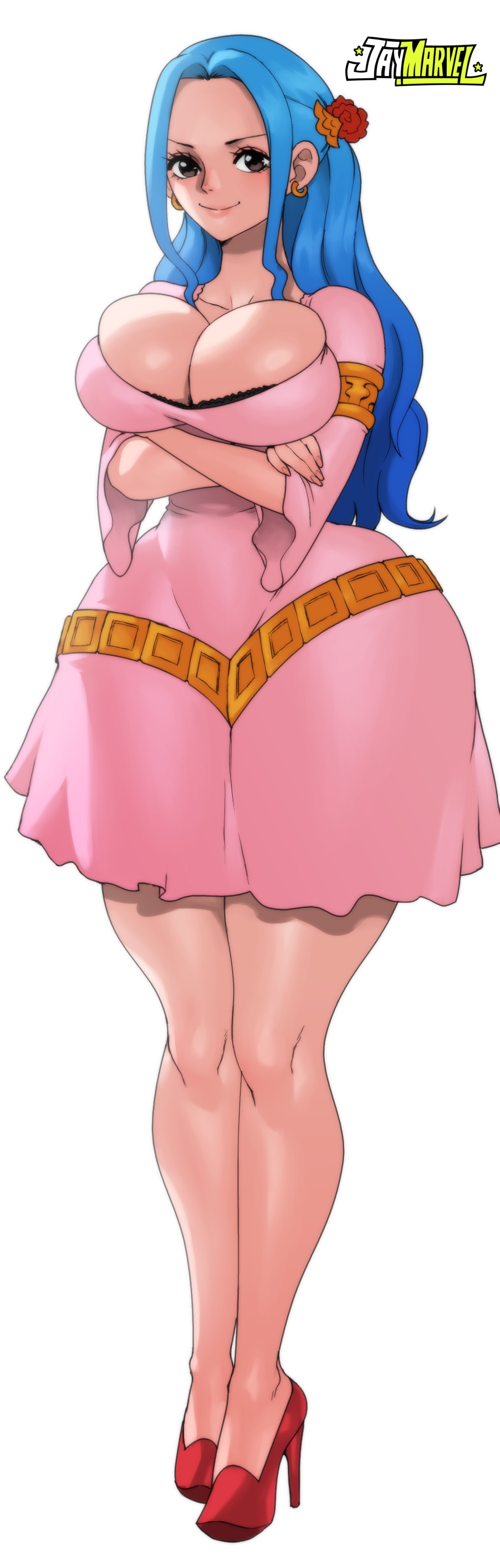 1girls, ass, big breasts, blue hair, blue-haired female, breasts, bursting breasts, busty, cleavage, curvaceous, curvy, dress, female, female only, heels, high heels, hips, hourglass figure, huge ass, hyper, hyper ass, hyper butt, jay-marvel, legs, long hair, long legs, looking at viewer, nefertari vivi, one piece, pinup, princess, shiny skin, skindentation, smile, solo, thick thighs, thin waist, voluptuous, wide hips