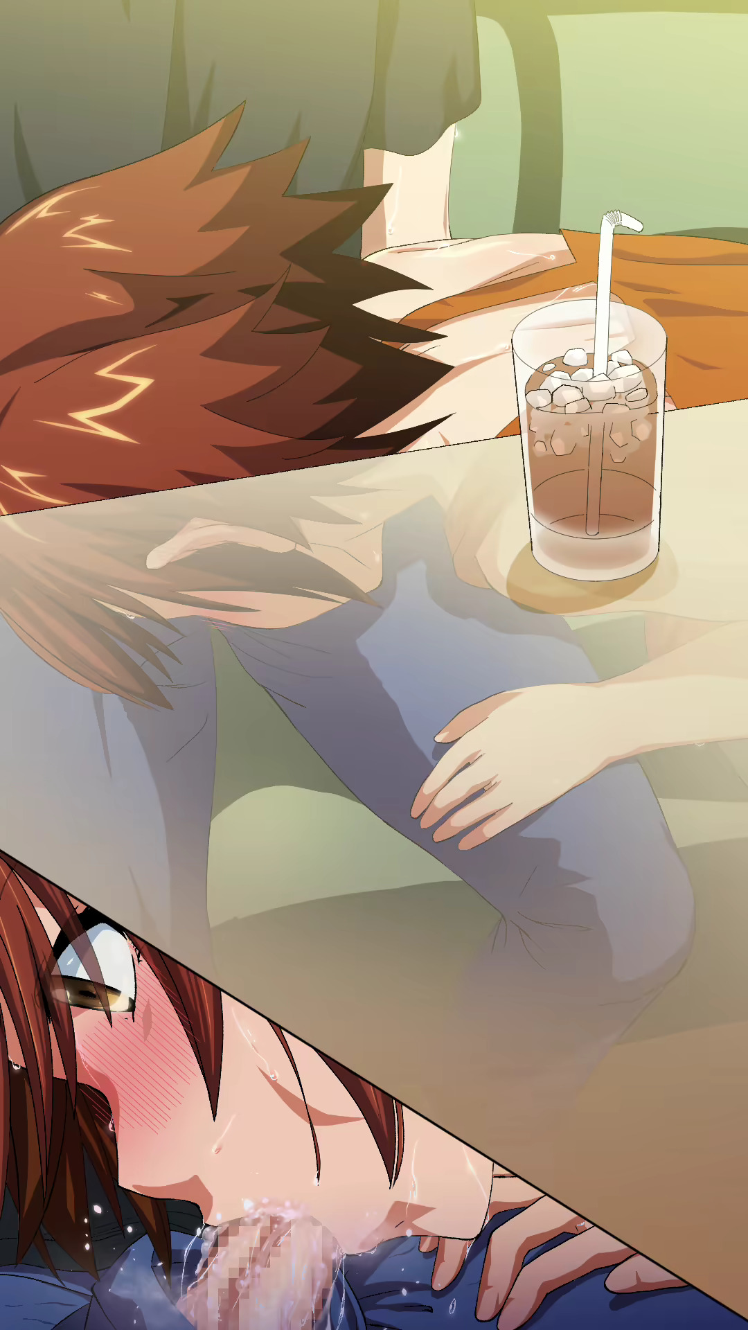 1boy, 1girls, artist request, blowjob, blush, brown eyes, brown hair, censored, censored penis, clothed, clothing, cum, cum in mouth, deepthroat, fellatio, female, grand blue, grand blue dreaming, highres, kotegawa chisa, light skin, light-skinned female, light-skinned male, male, mosaic censoring, oral, penis, penis out, sex, short hair, source request, under the table