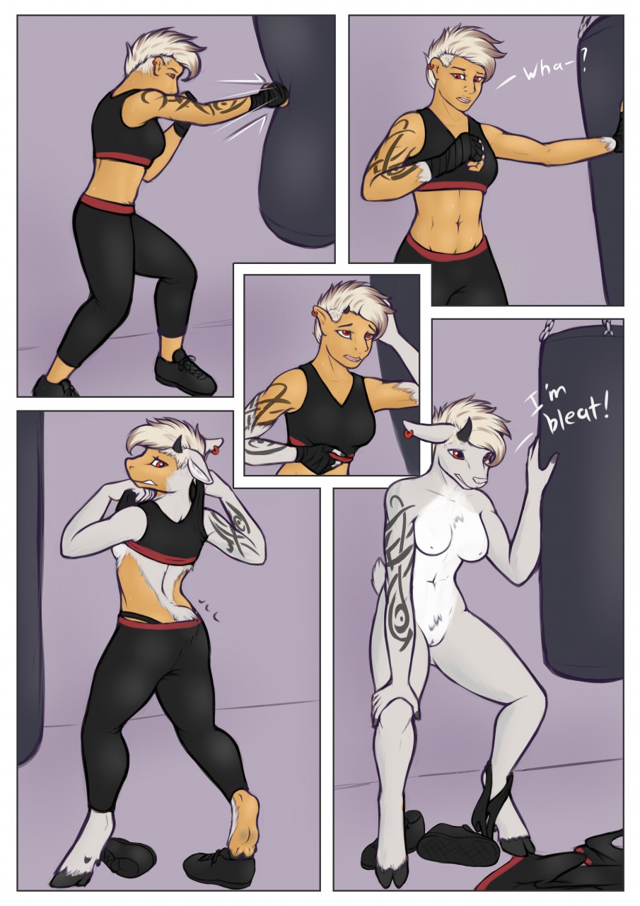 2019 abs anthro bovid boxing boxing_gloves breasts caprine clothing comic daf dialogue ear_piercing ear_ring english_text female genitals goat growth hair handwear hi_res hoof_growth hooves horn horn_growth human human_to_anthro mammal midriff navel nipples nude piercing pussy sandbag scut_tail shirt short_hair solo species_transformation sport standing tail_growth tank_top tattoo text topwear transformation transformation_sequence underwear undressing vasira white_hair yoga_pants