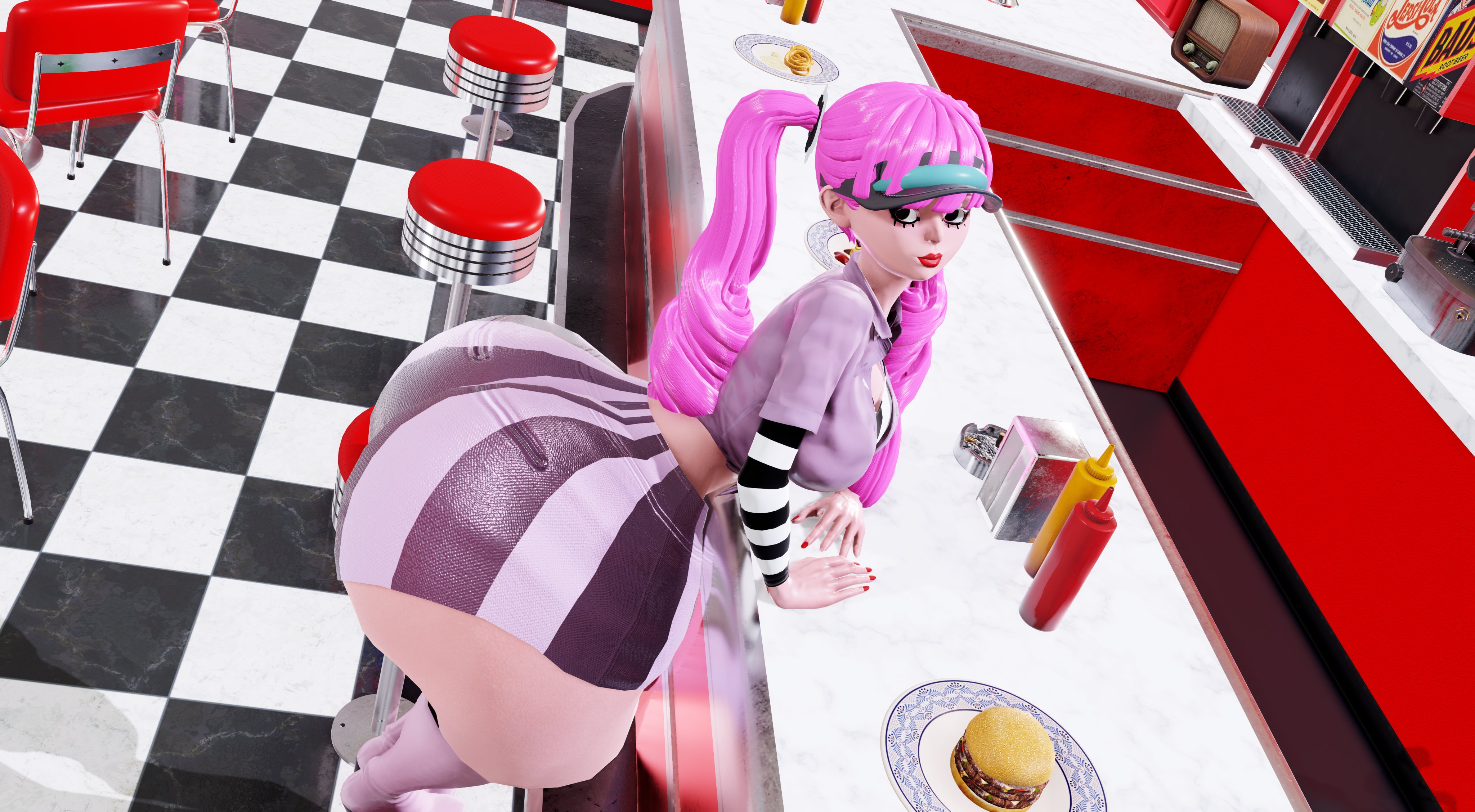1girls, 3d, ass, bare legs, big ass, booty shorts, bottom heavy, breasts, female, female only, giant ass, huge ass, hyper, hyper ass, leaning forward, lipstick, massive ass, one piece, perona, pink hair, pinup, prevence, short shorts, shorts, solo, thick ass, thick lips, thick thighs, twintails, visor