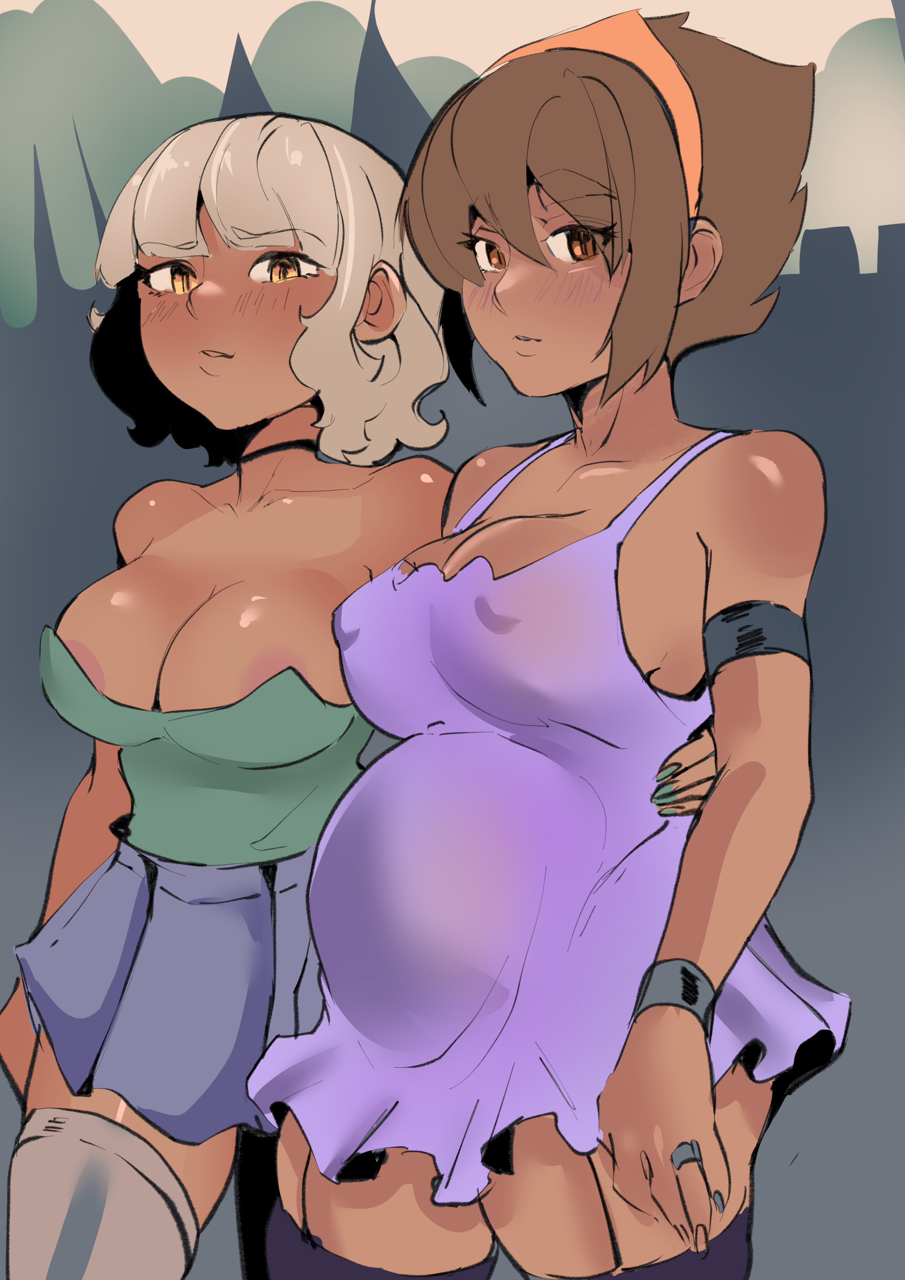 2girls, cafin, clothed, clothing, dark skin, dark-skinned female, duo, female, fully clothed, futanari, human, intersex, league of legends, pregnant, qiyana yunalai, standing, taliyah