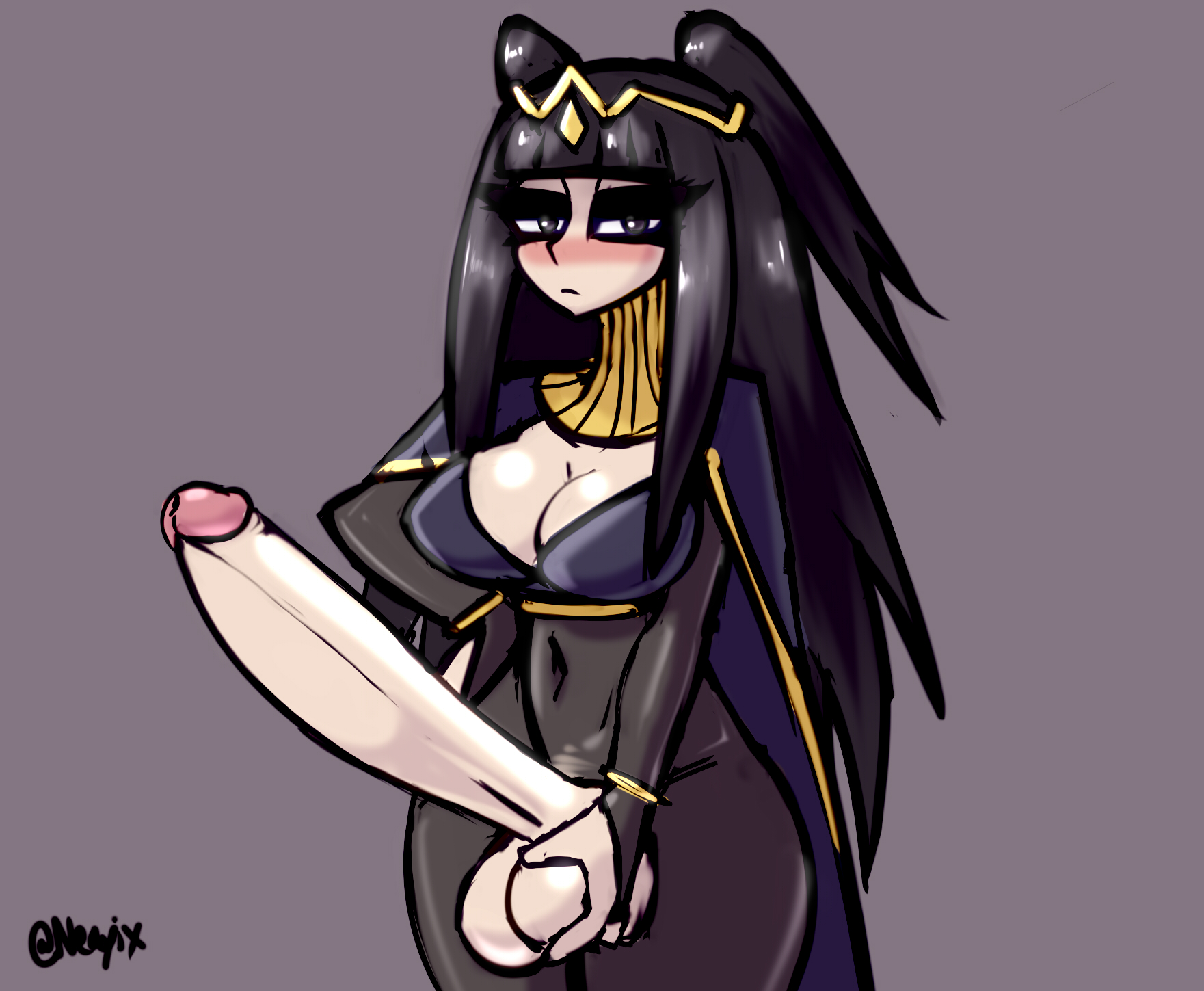1futa, balls, balls grab, bangs, big balls, big breasts, bodystocking, bodysuit, breasts, cleavage, clothed, clothing, erection, fire emblem, fire emblem awakening, futa only, futanari, huge cock, human, intersex, large breasts, light skin, light-skinned futa, mostly clothed, neayix, nintendo, pale skin, penis, solo, standing, testicles, tharja (fire emblem), thick thighs, wide hips