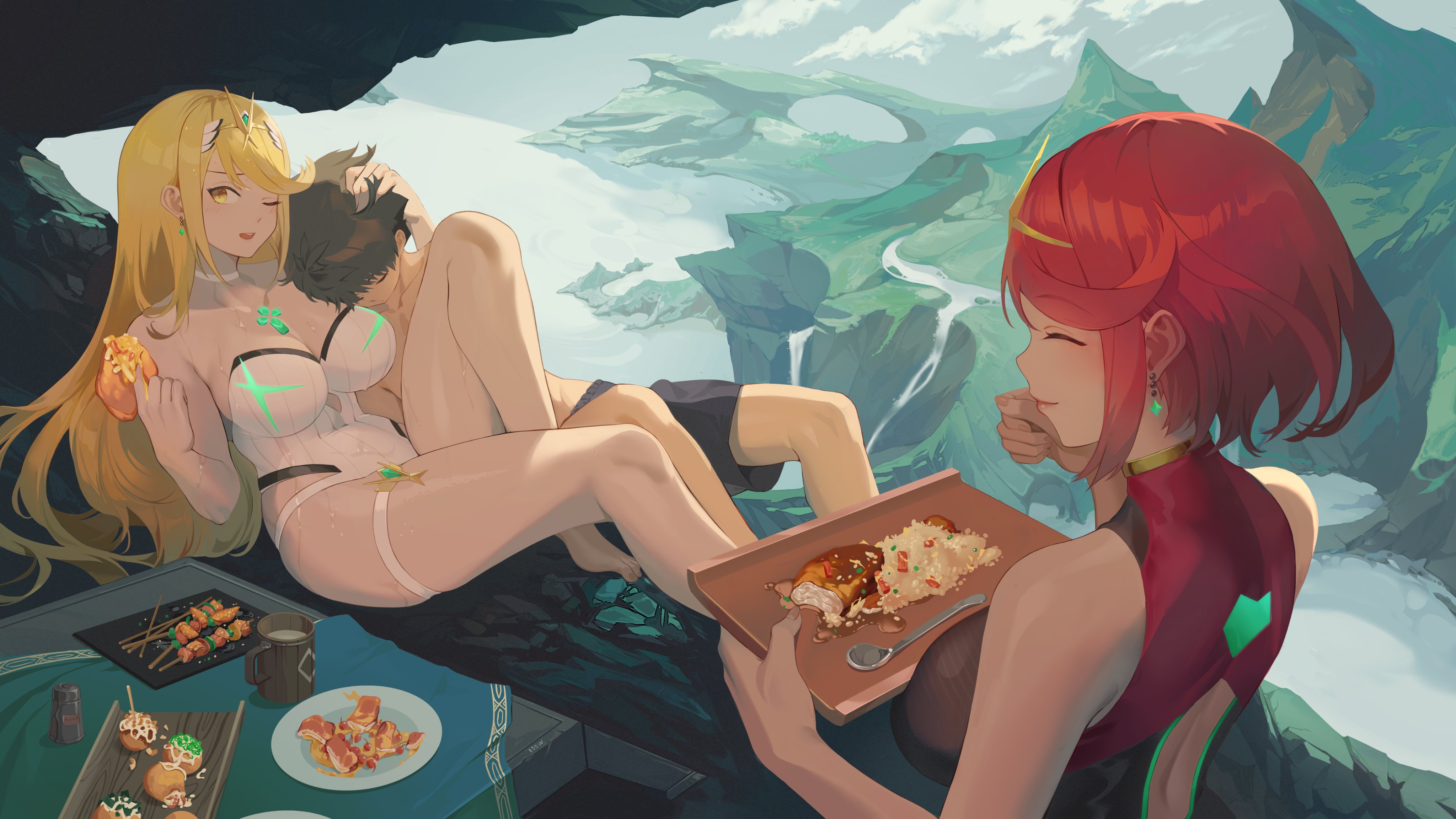 1boy, 2girls, ara ara, asleep, blonde hair, breasts, bw-ring, cuddling, female, food, male, mythra, nintendo, pyra, red hair, rex (xenoblade), strapless swimsuit, swimsuit, threesome, tiara, wholesome, xenoblade (series), xenoblade chronicles 2, yellow eyes