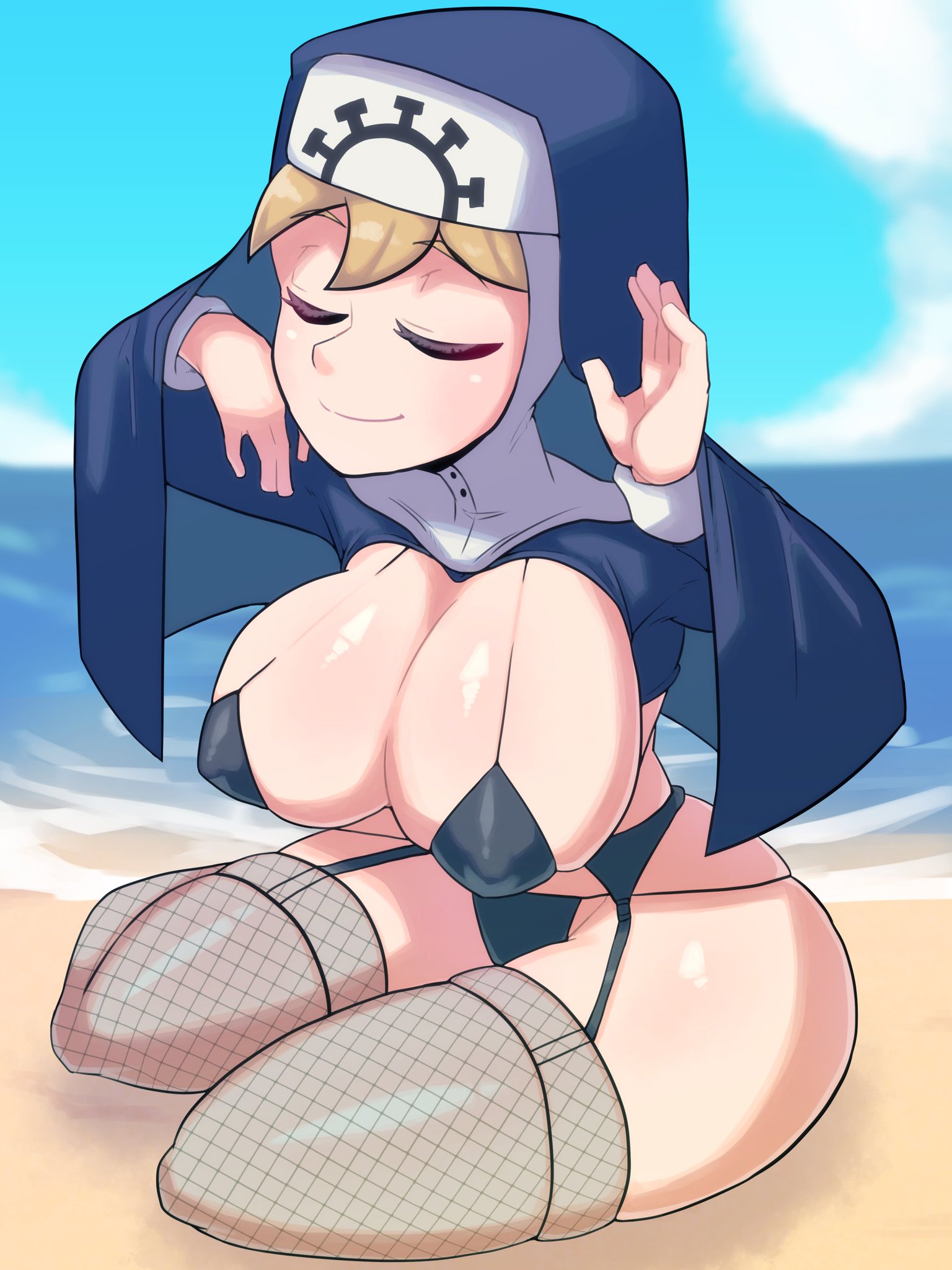 beach, big breasts, bikini, bikini bottom, bikini top, blonde hair, breasts, double (skullgirls), female, fishnets, garter belt, hips, large breasts, micro bikini, navel, nun, painting fish, skullgirls, stockings, thick thighs, thighhighs, thighs, wide hips