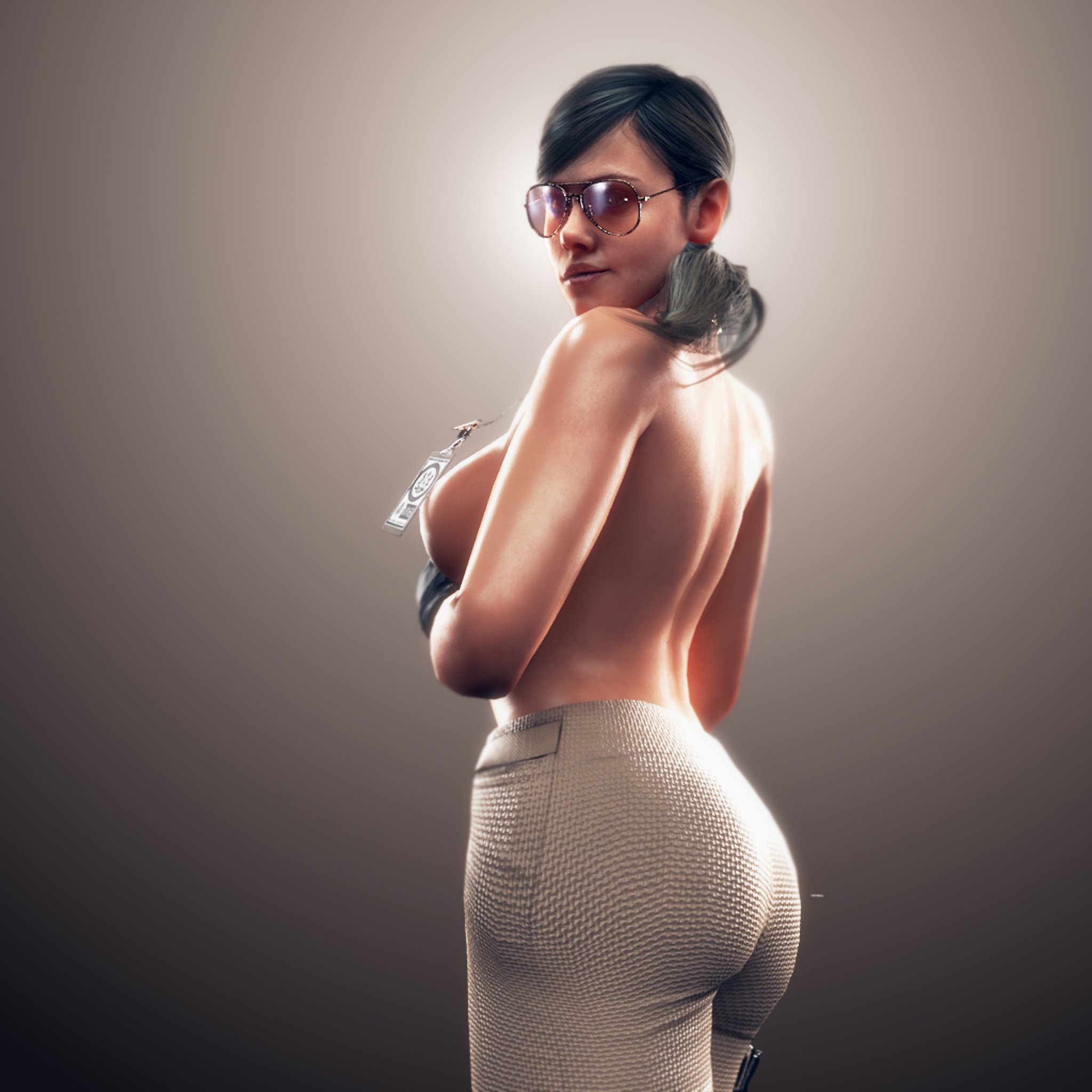 1girls, 3d, ass, aviator sunglasses, badge, blue eyes, breasts, brown hair, brown-tinted eyewear, call of duty, call of duty black ops cold war, convenient censoring, female, flickytuts, glasses, gloves, helen park (cod), looking away, pants, ponytail, smirk, solo female, sunglasses, tinted eyewear, topless
