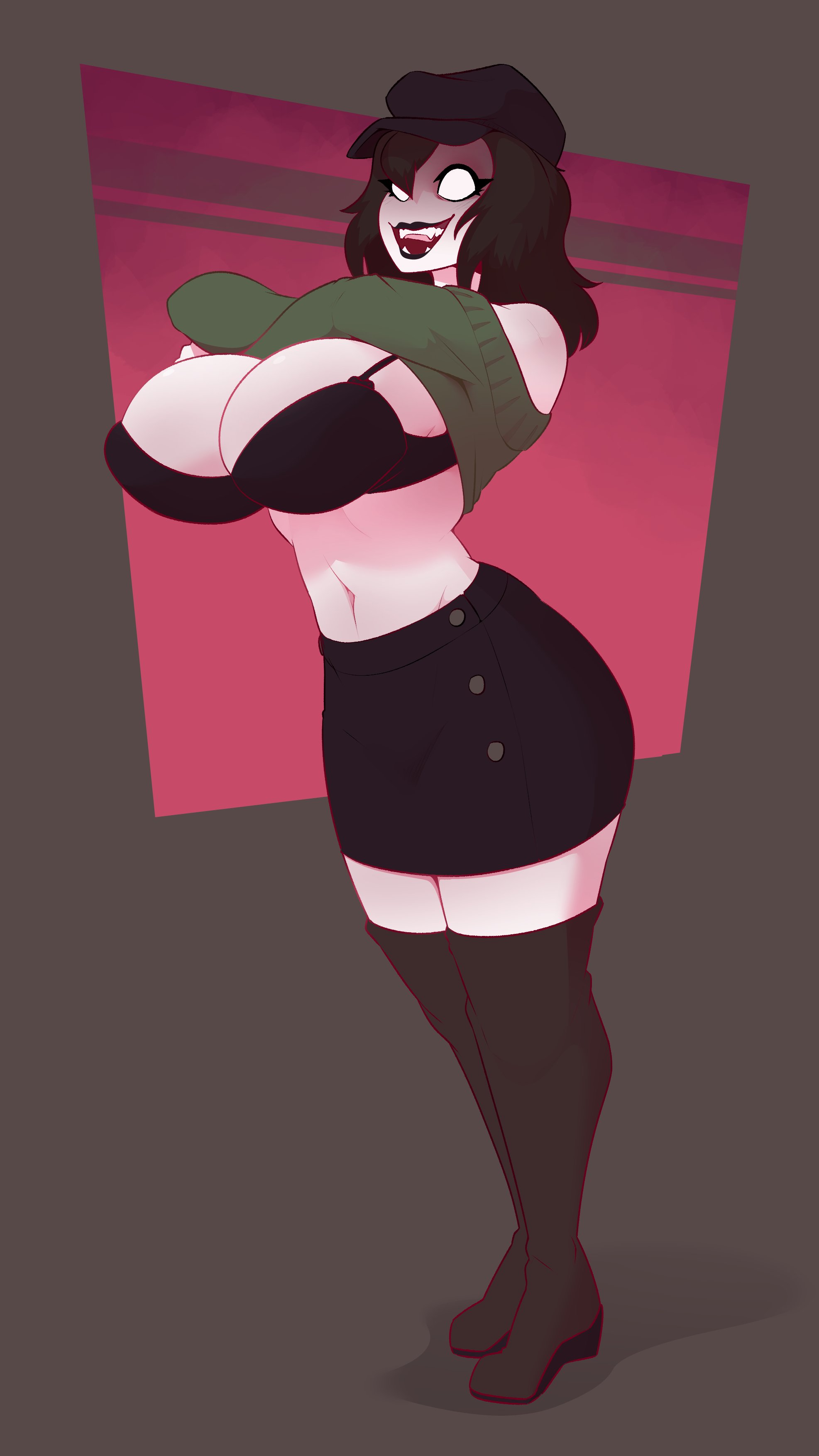 1girls, belly button, big breasts, black hair, bra, breasts, cleavage, creepette holloway, dabble, female, female only, hat, huge breasts, open mouth, sharp teeth, skirt, solo, stripping, sweater lift, thigh boots, white eyes