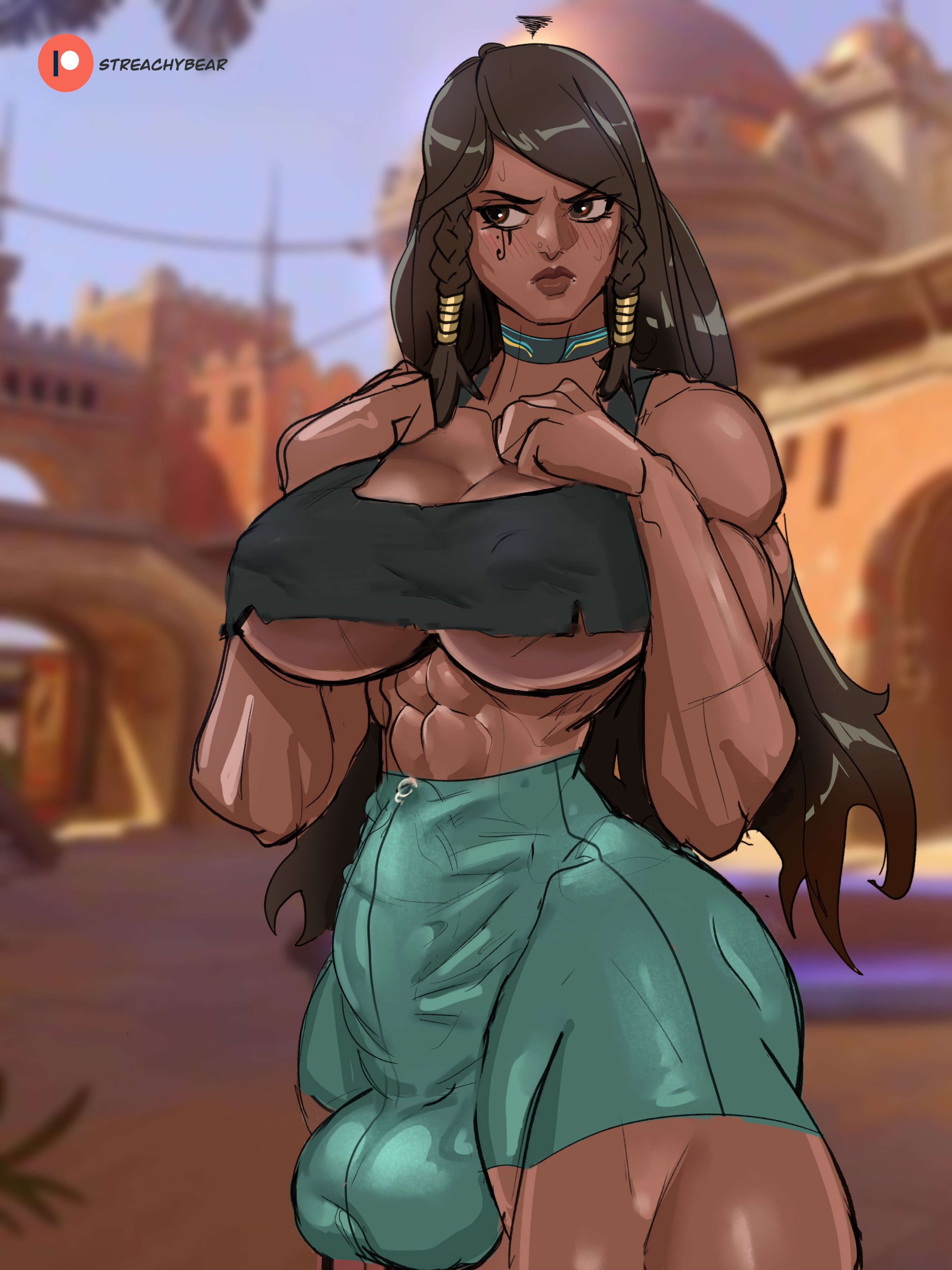 1futa, abs, balls, balls bulge, balls under clothes, black hair, breasts, bulge, cameltail, clothed, clothing, dark skin, dark-skinned futa, erection, erection under clothes, fully clothed, futa only, futanari, huge breasts, human, intersex, long hair, muscular, muscular futa, overwatch, penis, penis bulge, penis under clothes, pharah, precum, precum through clothing, solo, standing, streachybear, tenting, wide hips