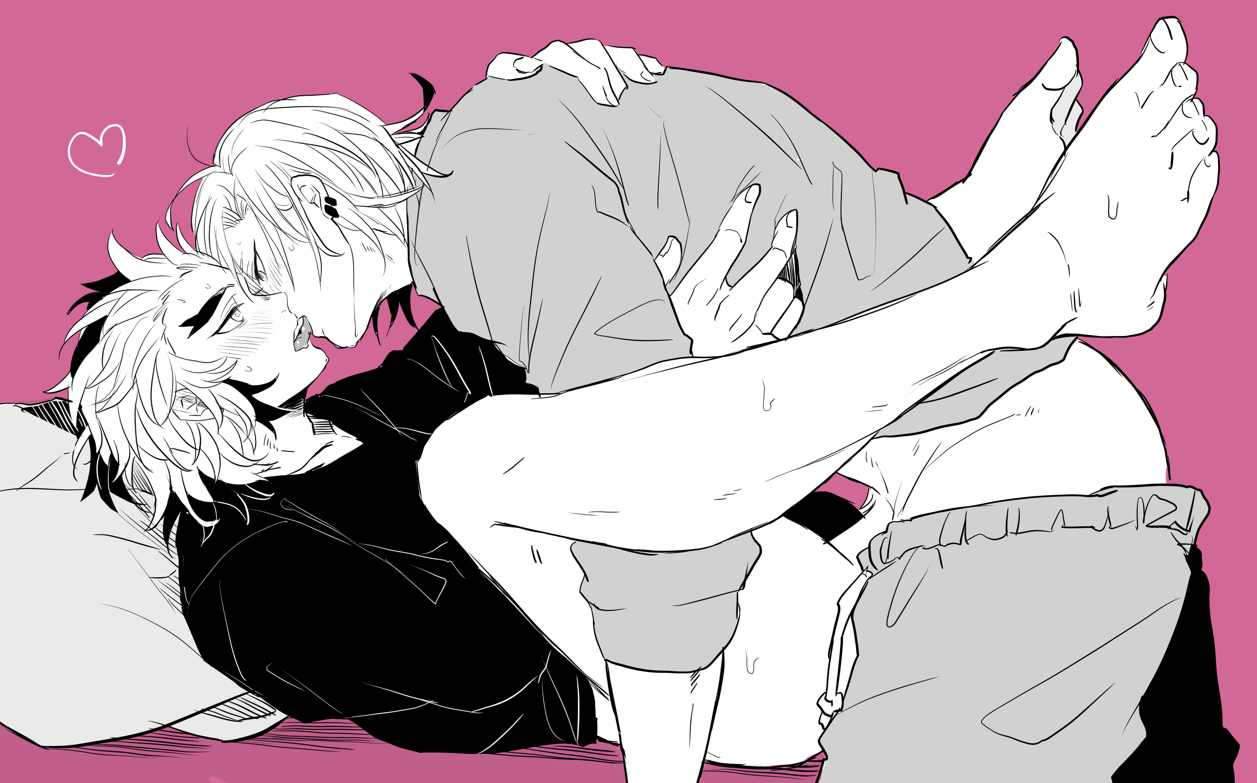 2boys, anal, barefoot, blush, bottomless, clothing, demon slayer, french kiss, gay, hair down, kimetsu no yaiba, kissing, male, male only, monochrome, on back, pants down, pink background, rengoku kyoujurou, sex, sweatdrop, uzui tengen, yaoi