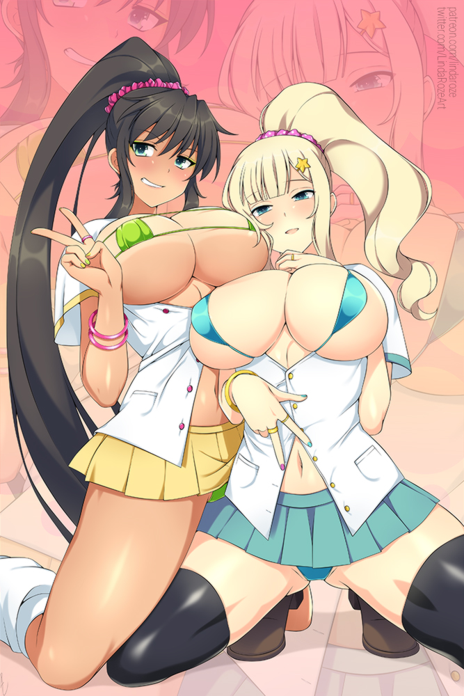 2girls alternate_hairstyle armband ass_visible_through_thighs bangs bikini bikini_top black_hair blonde_hair blue_bikini blue_eyes blush breasts buttons chocolate_and_vanilla colored colored_nails come_hither female_only green_bikini green_eyes grin gyaru hair_ornament hairband hand_on_breast homura_(senran_kagura) huge_breasts large_breasts leggings lindaroze makeup navel on_knees peace_sign ponytail ring school_uniform schoolgirl scrunchie senran_kagura short_skirt skirt smile swept_bangs swimsuit tagme take_your_pick tan_skin tanline thick_thighs thighs unbuttoned unbuttoned_shirt v yomi_(senran_kagura)