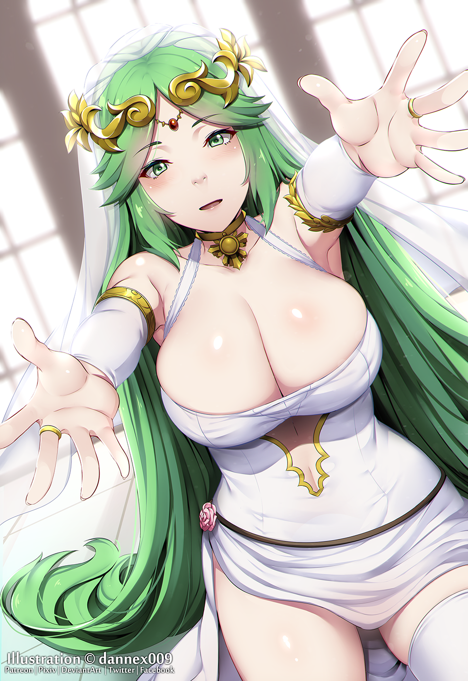 1girls alternate_costume bare_thighs bridal_veil bride cleavage dannex009 green_eyes green_hair hug huge_breasts incoming_hug kid_icarus nintendo open_mouth palutena pov ring see-through smile solo thighhighs veil very_long_hair wedding_dress wedding_ring