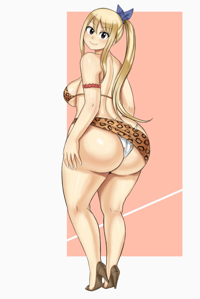 1girls, abyssdagon, ass, ass cleavage, ass crack, big ass, blonde hair, blonde-haired female, bottom heavy, breasts, brown eyes, bubble ass, bubble butt, butt crack, cute, fairy tail, female, heels, high heels, large ass, large breasts, looking at viewer, lucy heartfilia, ponytail, side boob, solo, solo female, thong, white thong