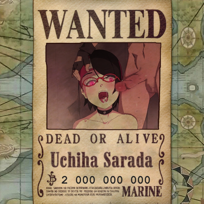 1girls, ahe gao, black hair, boruto: naruto next generations, censored, english text, female, konbari tariumu, mosaic censoring, naruto, naruto (series), open mouth, pink eyes, red eyes, sarada uchiha, sharingan, straight, text, wanted poster