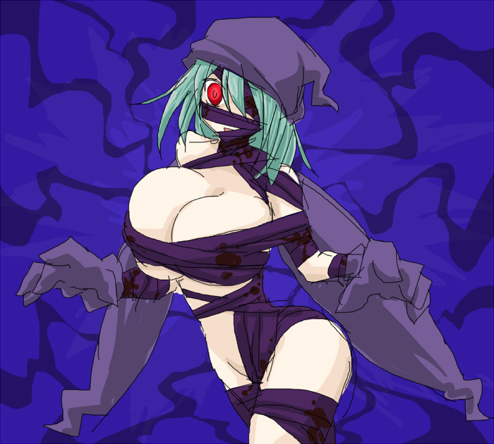 1girls aqua_hair big_breasts cleavage dusclops dusclops_(cosplay) gijinka gloves huge_breasts mummy_girl one_eye_covered oro_(zetsubou_girl) pokemon purple_gloves red_eyes solo solo_female tagme thick_thighs wrappings wraps