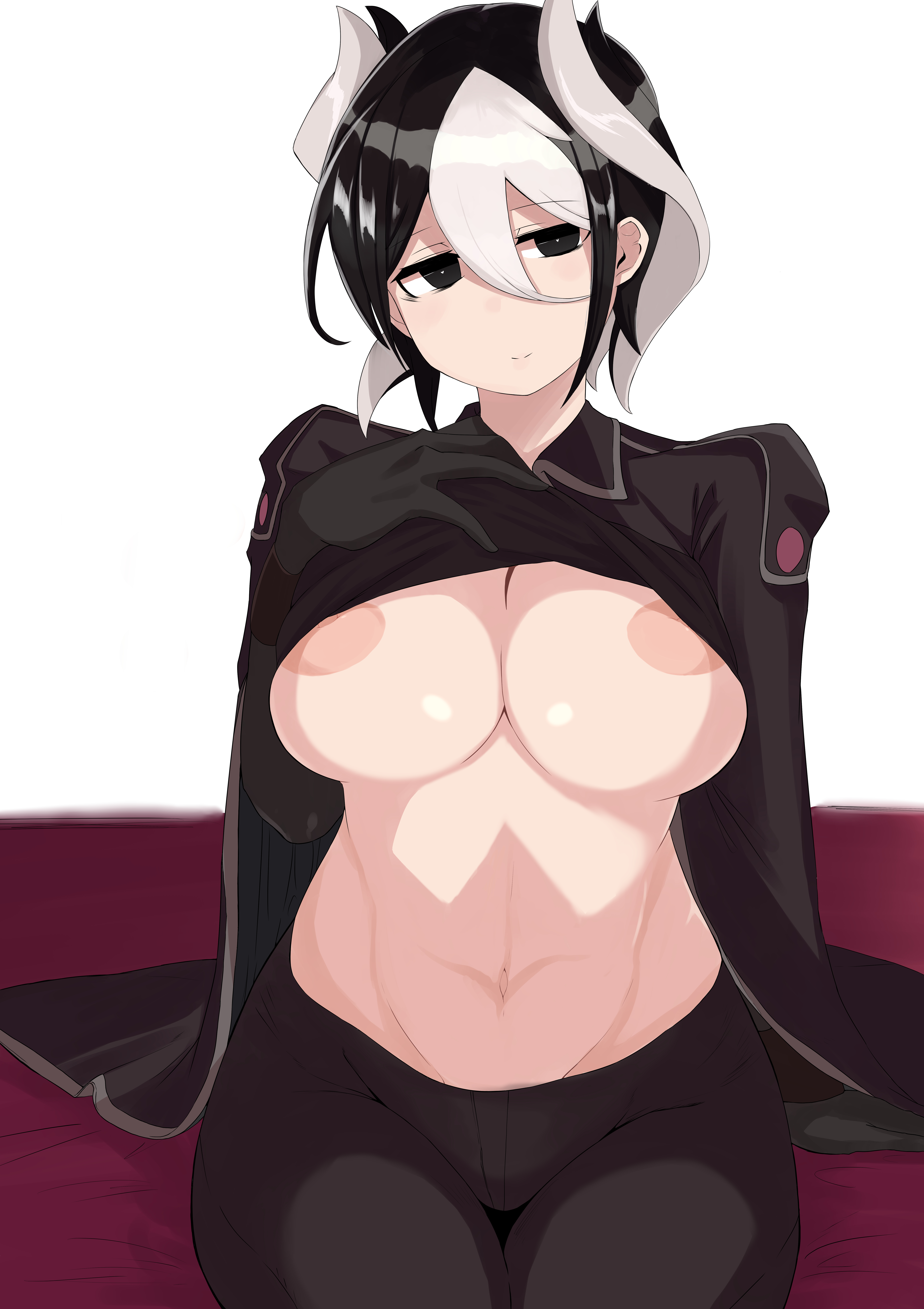 areola slip, big breasts, black eyes, black hair, breasts, female, female only, made in abyss, ozen, shirt lift, short hair, smile, solo, two-tone hair, underboob, vhfd, white hair, wide hips, yaguchiyuki