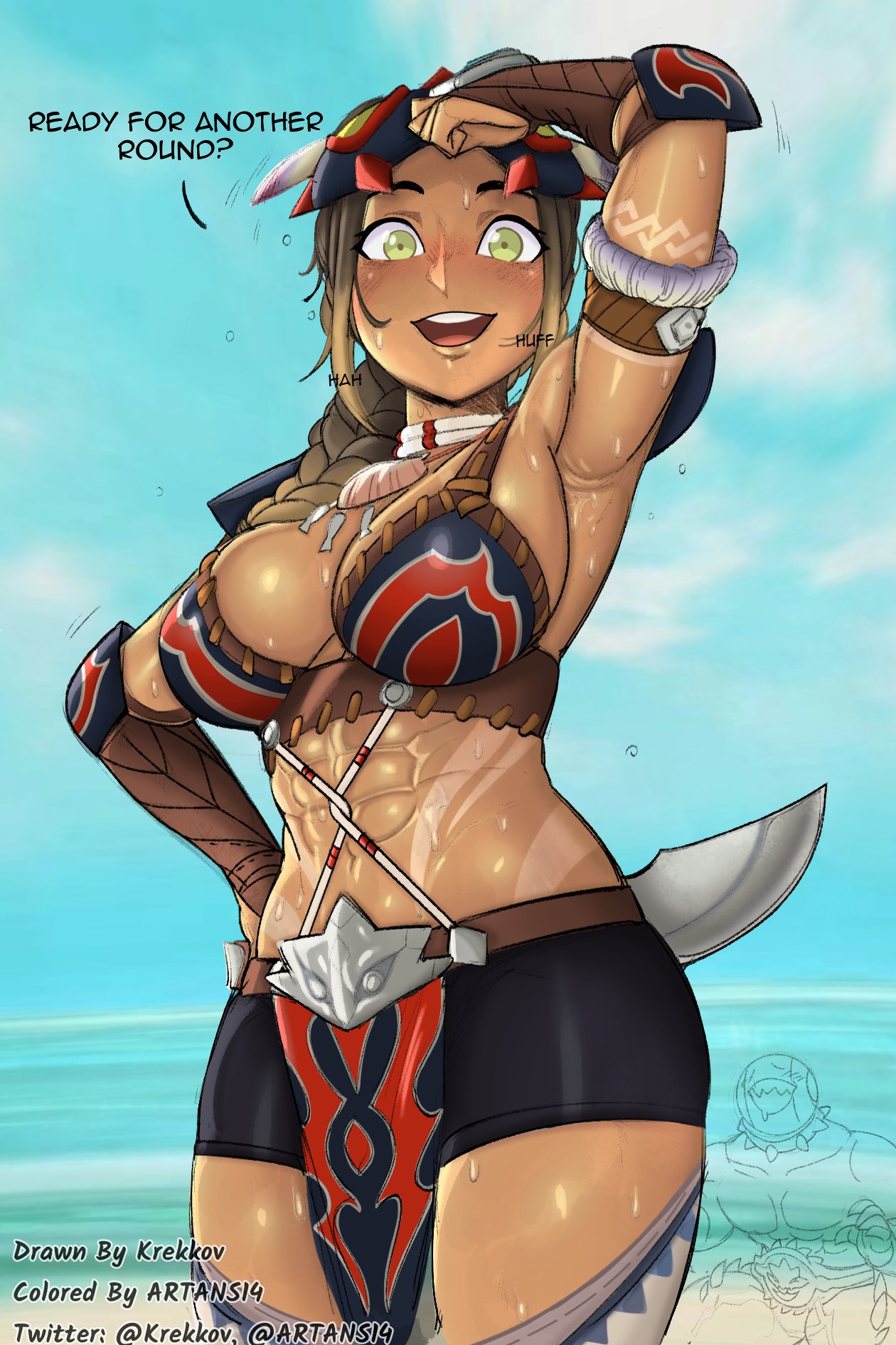 1girls abs armpit_fetish armpits artans14 big_breasts blush breasts cleavage female female_only kayna_(monster_hunter) krekk0v large_breasts looking_at_viewer midriff monster_hunter monster_hunter_stories_2:_wings_of_ruin solo sweat text