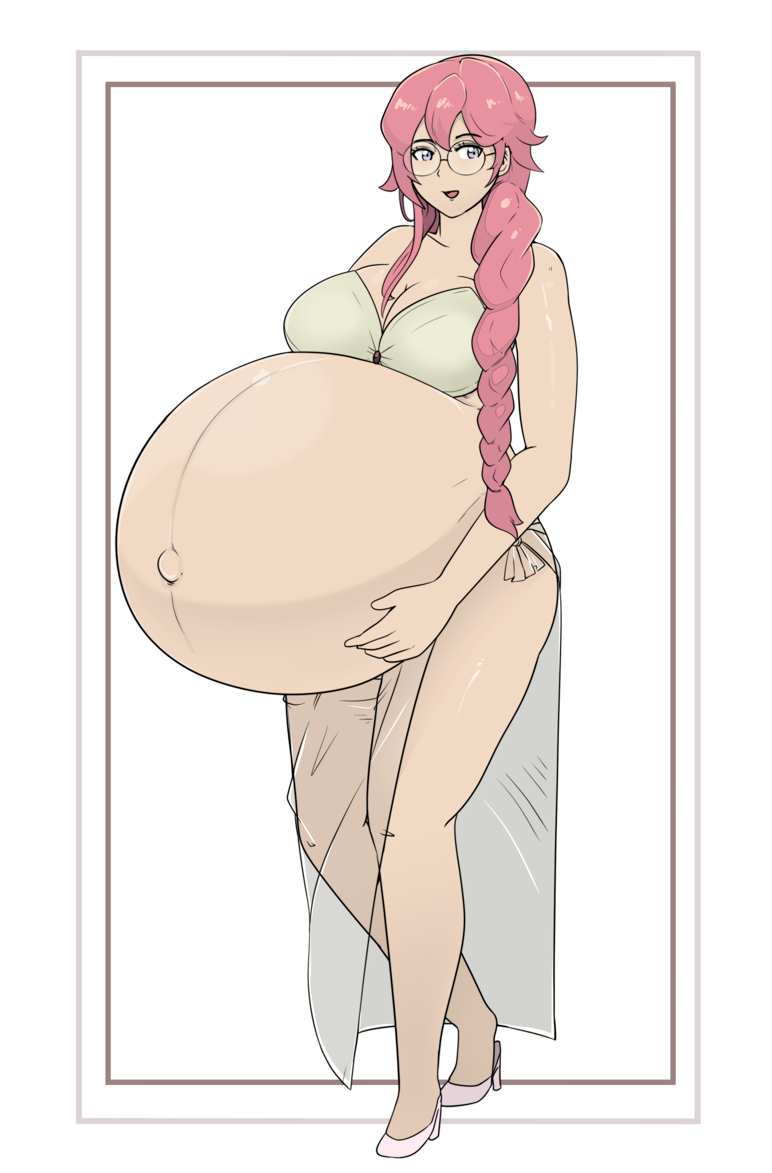 1girls, absurdres, big breasts, breasts, eiyuu densetsu, emma millstein, female, female only, gigantic belly, glasses, highres, huge belly, hyper belly, hyper pregnancy, large breasts, pink hair, pregnant, ready to pop, zeruxu